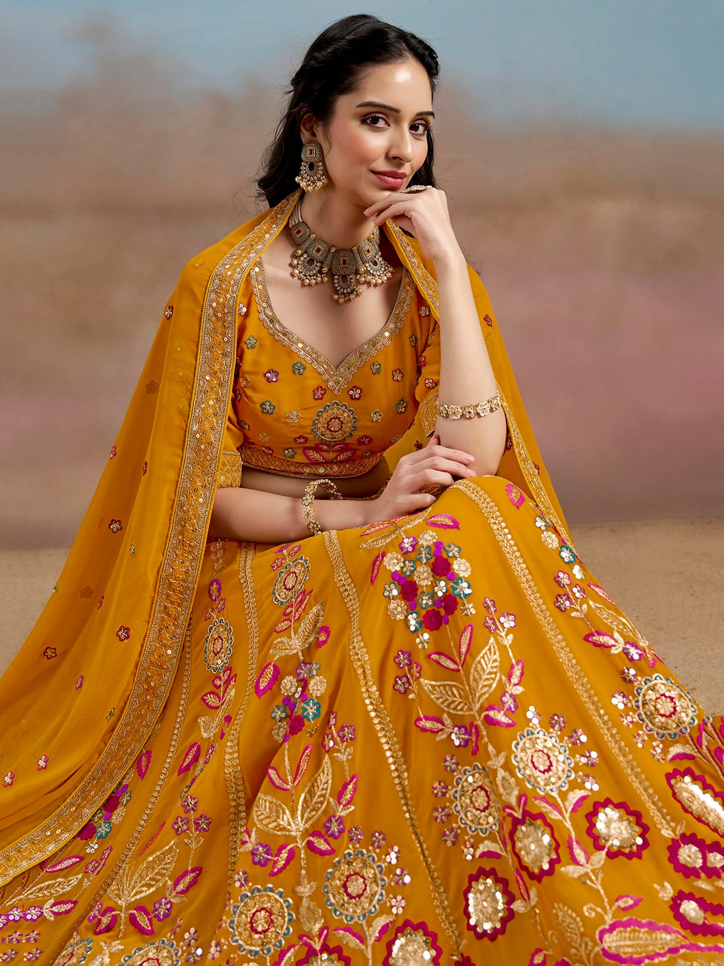 Zeel Clothing Women's Sequins Thread Embroidered Georgette Lehenga Choli With Dupatta (6008-Yellow-Women-Lehenga-Choli-New; Free Size)(Yellow)