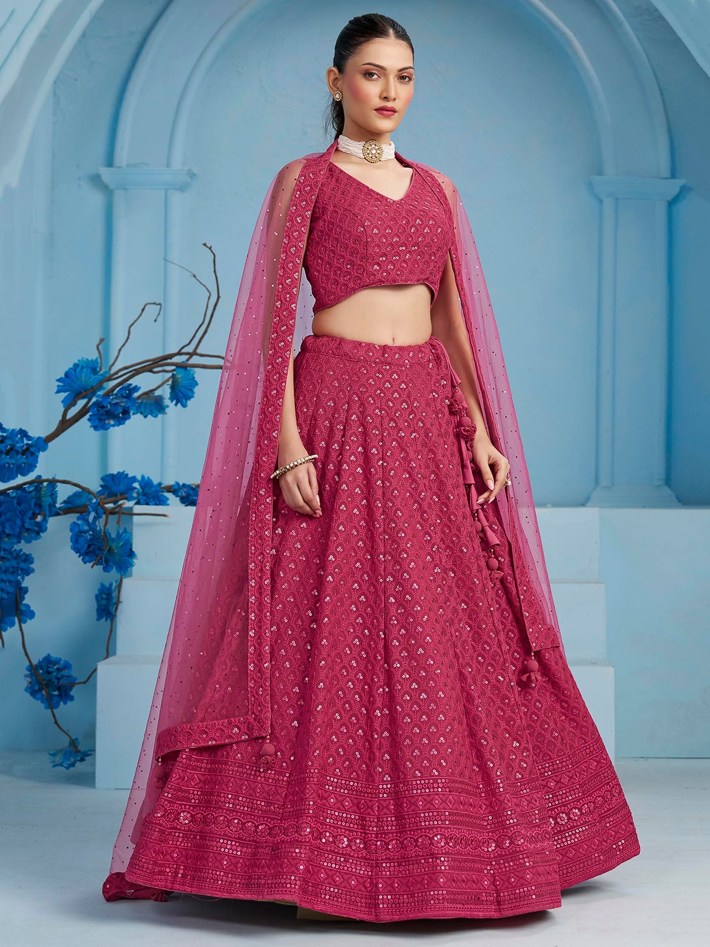 Zeel Clothing Women's Sequins Thread Embroidered Georgette Lehenga Choli With Dupatta (5124-Pink-Women-Lehenga-Choli-New; Free size) (Pink)
