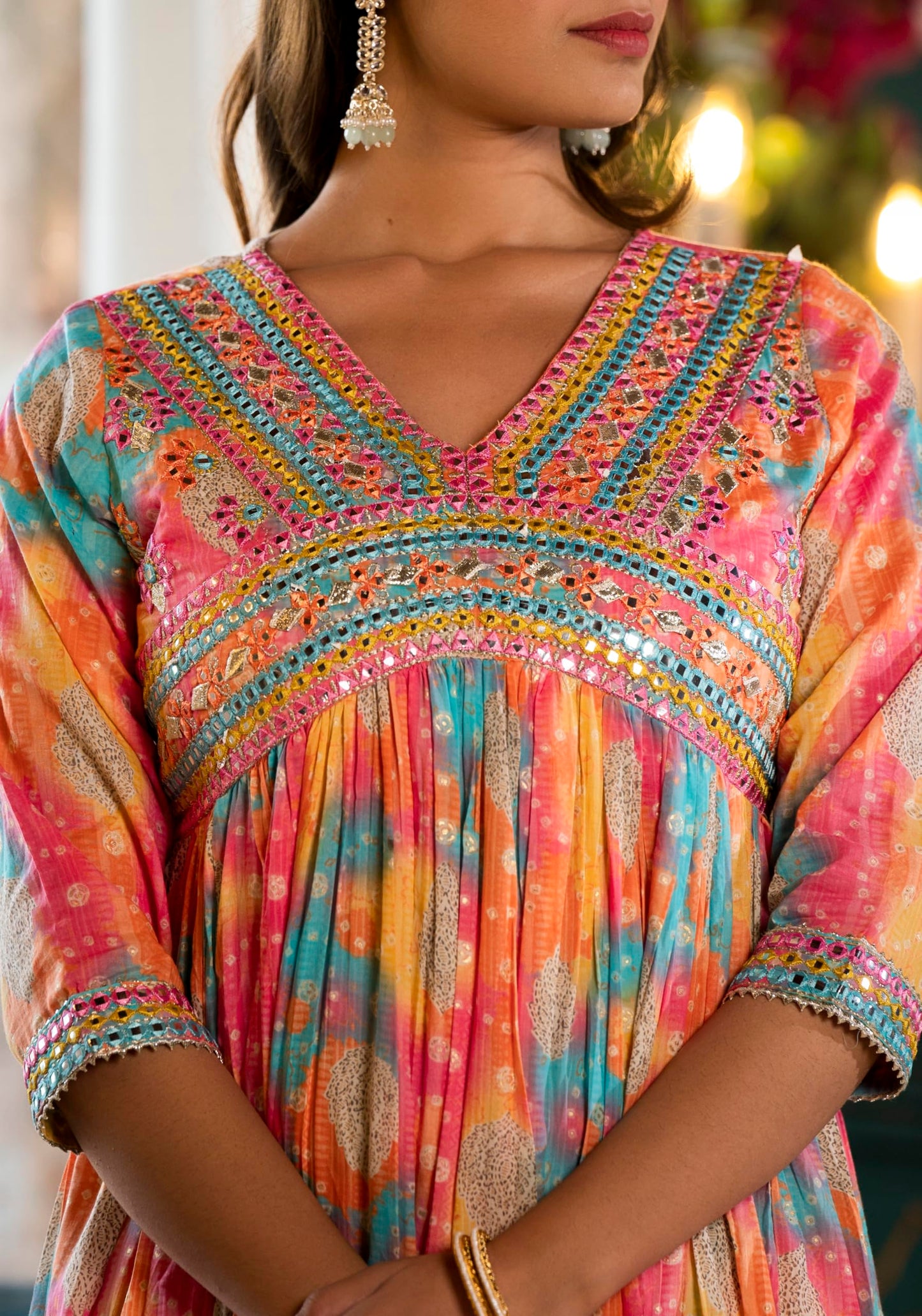 Varanga Women Multi Coloured Bandhani Printed Mirror Work Anarkali Kurta With Bottom And Dupatta