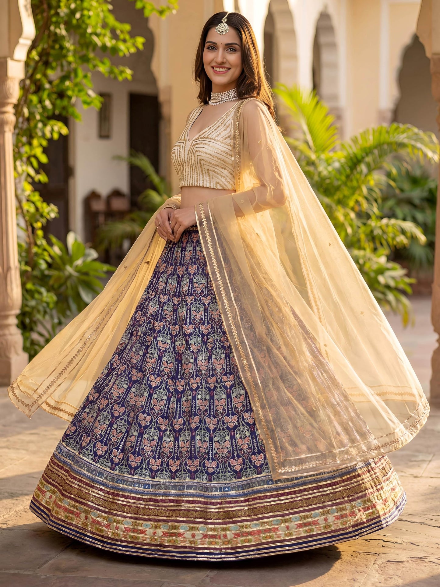 Zeel Clothing Women's Digital Print With Gota Patti Art Silk Lehenga Choli With Dupatta (5053-Blue-Women-Lehenga-Choli-Set; Free Size)