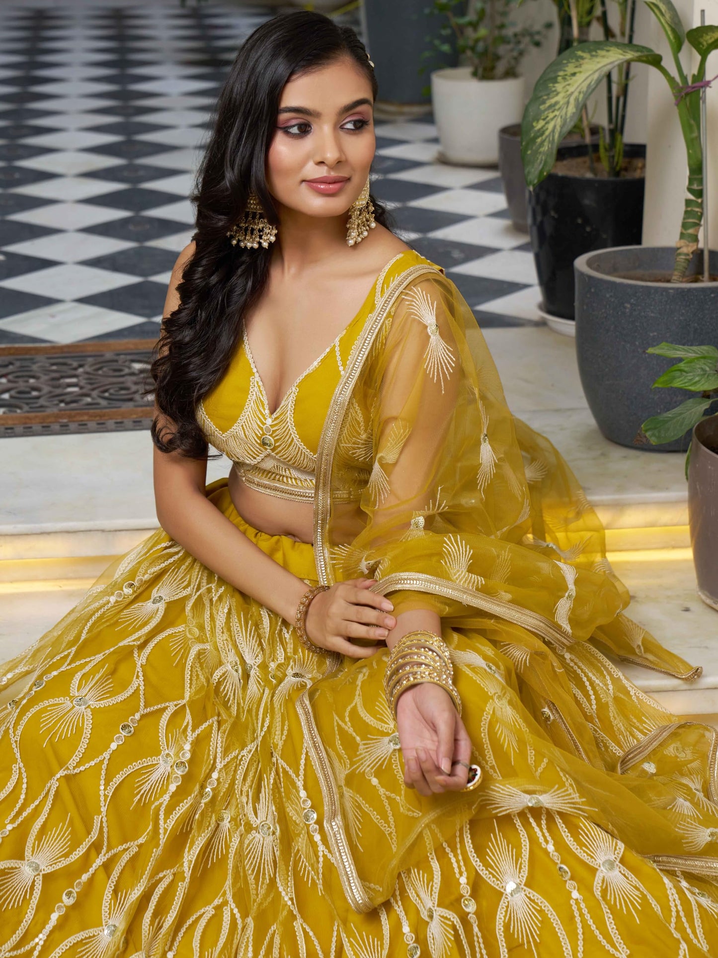 Zeel Clothing Women's Cotton Thread Sequins Work Embroidery Soft Net Semi-Stitched Lehenga Choli Set With Dupatta (Nfh-2139-Yellow-Women-Lehenga-Choli-Latest; Free Size)