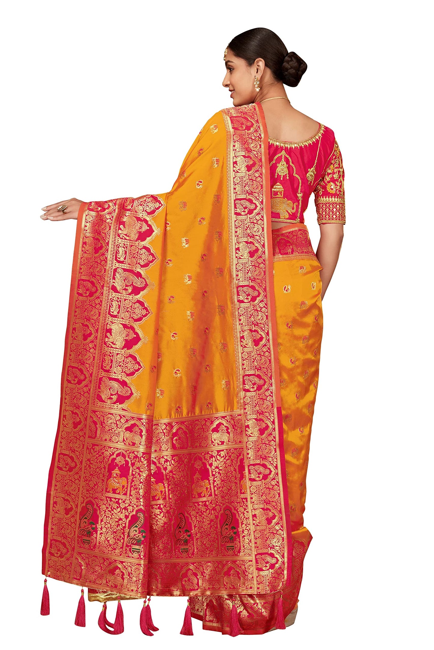 MANOHARI Women's Traditional Jacquard Work Yellow Banarasi Silk Woven Pattern Most Trendy Saree with Unstitch Blouse Piece