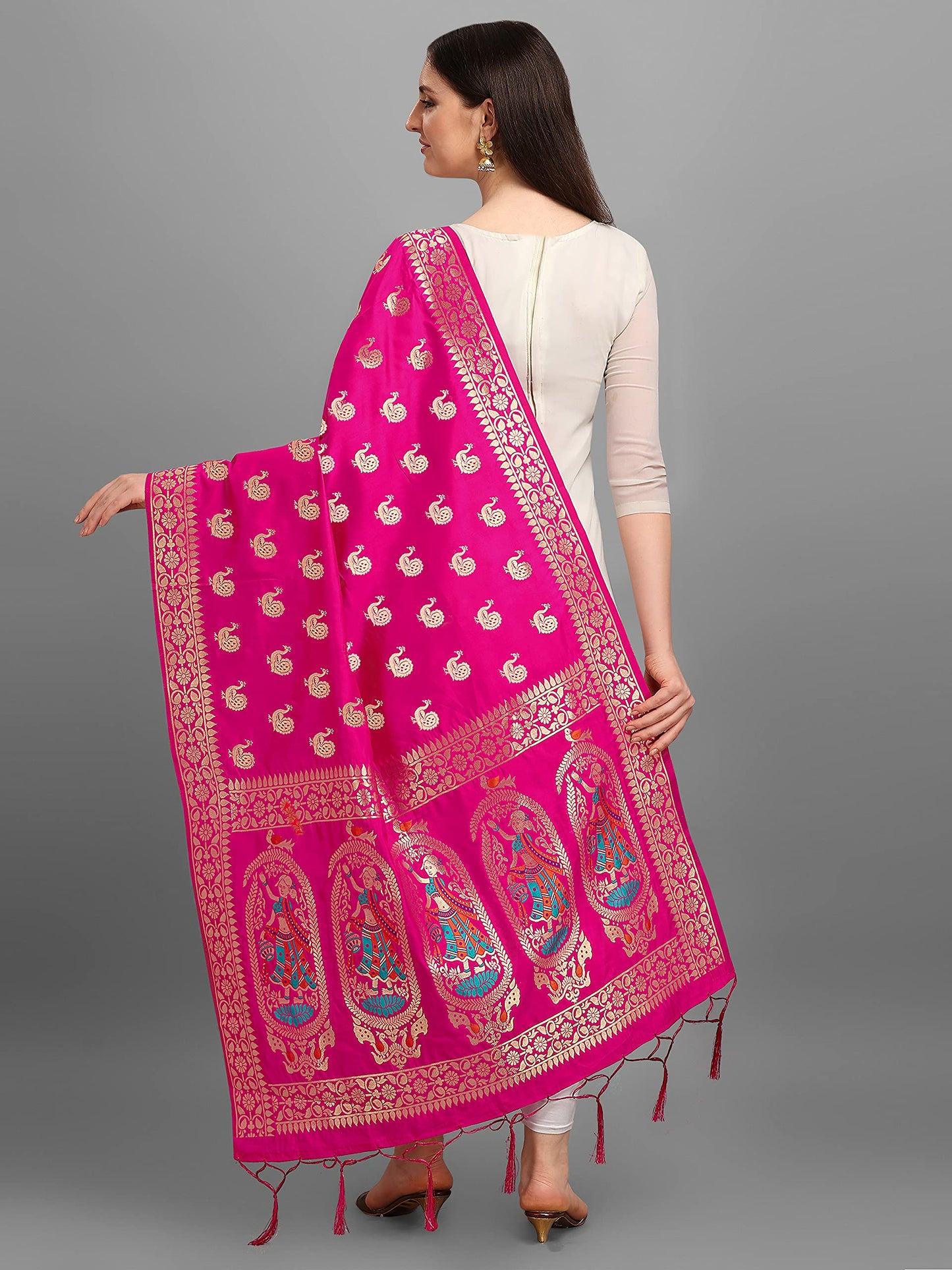 DEVANGI Women's Woven Banarasi Silk Zari Dupatta/Chunni, Width 1 Meter, Length 2.5 Meter (OM-DT-05-RANI)