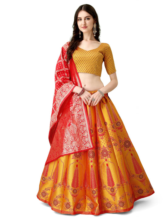 SWAMI STUDIO Womens Banarasi Silk Readymade Lehenga Choli (GOLD), FREE