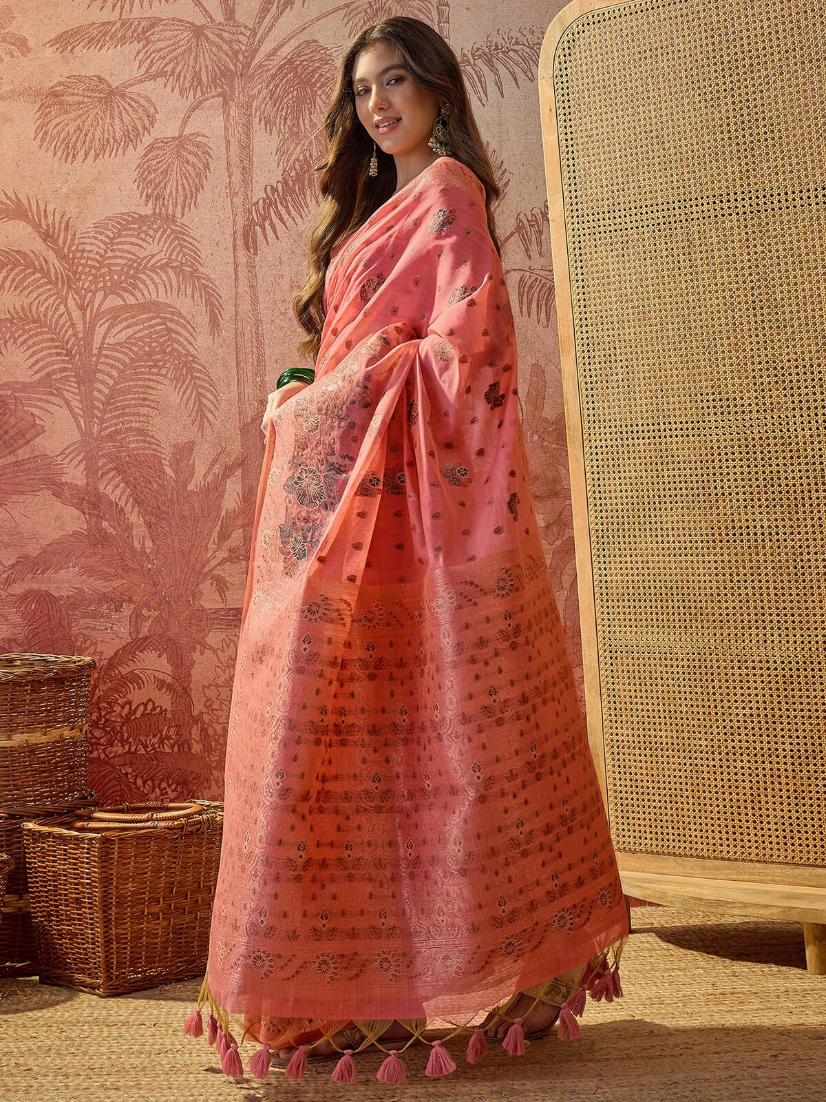 SIRIL Women's Silk Jacquard Saree with Unstitched Blouse Piece (5305S881_Light Coral Pink)