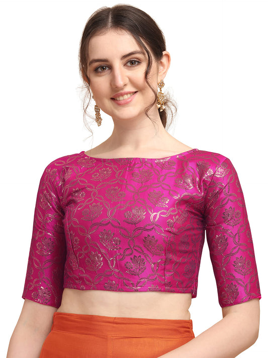 OOMPH! Women's Indian Ethnic Wear Designer Twist Leaf Pattern Zari Work Boat Neck Half Sleeve Pink Color Jacquard Readymade Blouse for Saree or Lehnga and Fusion Twist. XXL