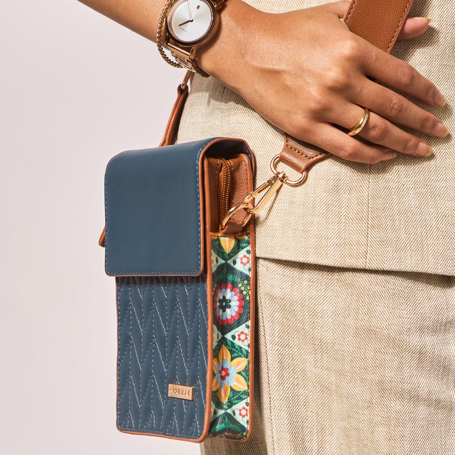 Chumbak Policia Sling Bag for Women, Navy Floral PU Leather, Digital Nomad Collection, Crossbody Sling with Zipper, Lightweight and Trendy Bag for Travel and Daily Use