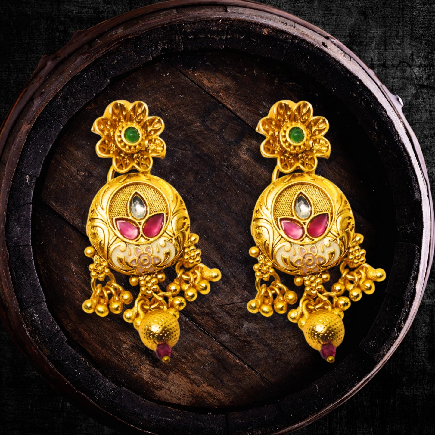 Achyut The Infalliable Women's Rajwadi Gold Plated Chik Necklace Set with Earrings - Rajwadi Floral Design Chokor Motimala Jewellery for Girls pink and green