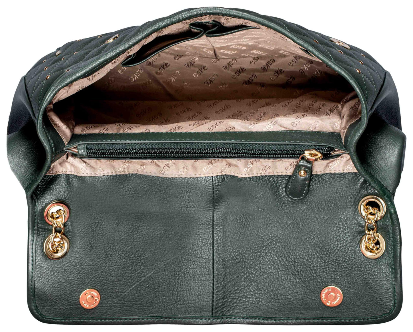 eske Melba, the Shoulder Bag | Quilted Cosmos Leather with Gold Chain Strap | Adjustable Shoulder Carry | 1 Main Compartment | Zip Pocket | 2 Slip Pockets | Hand-Studded Premium Purse (Bottle Green)