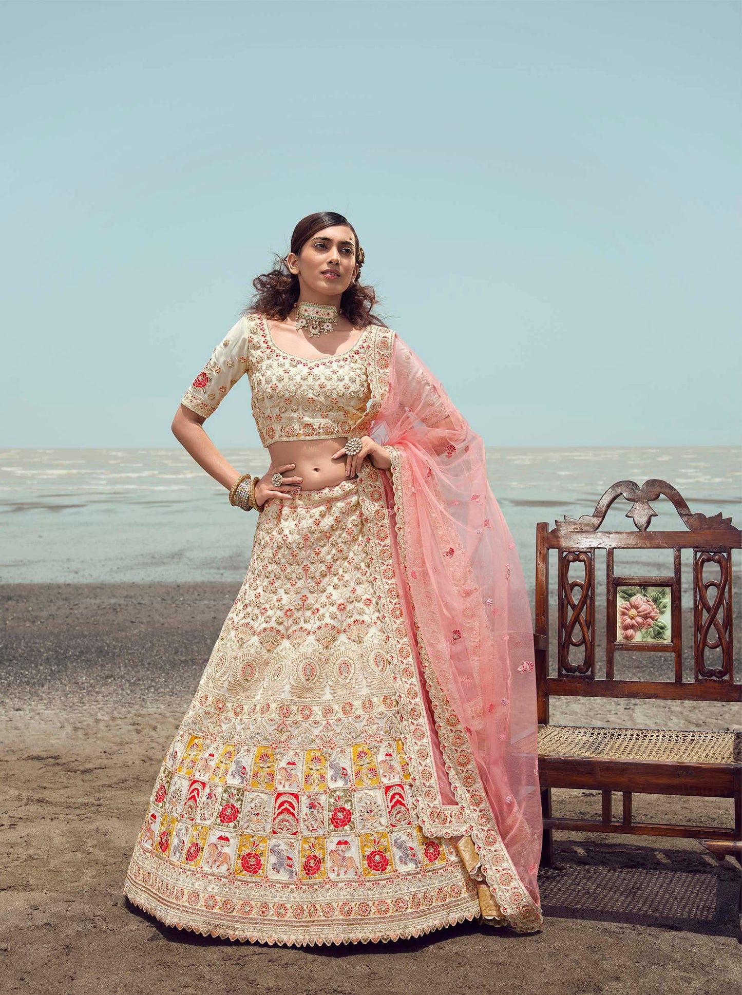 FUSIONIC Alluring White color organza base zarkan work lehenga choli For Women