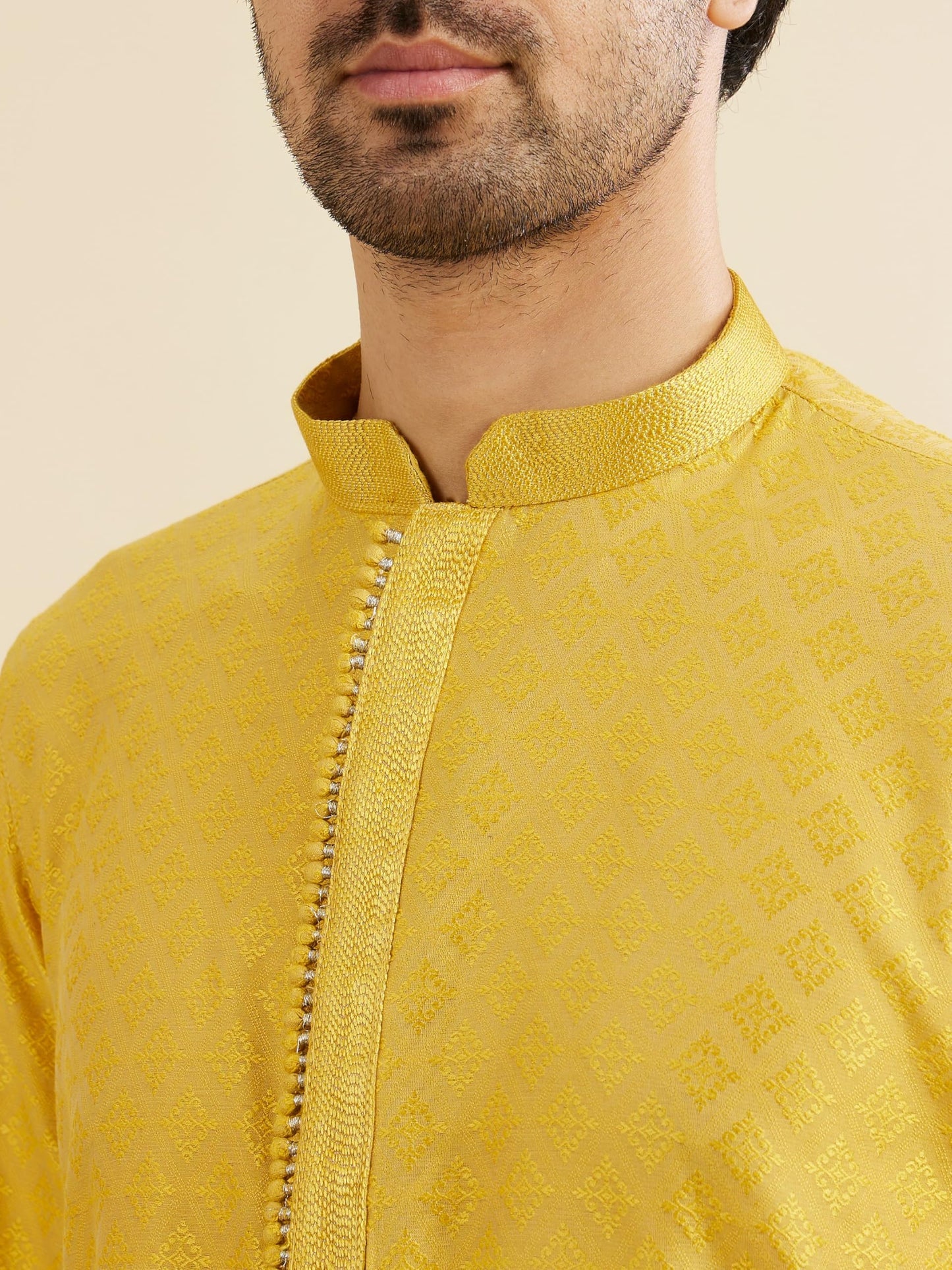 Manyavar Men's Art Silk Embroidered Kurta Pyjama Set (Mustard,XL)