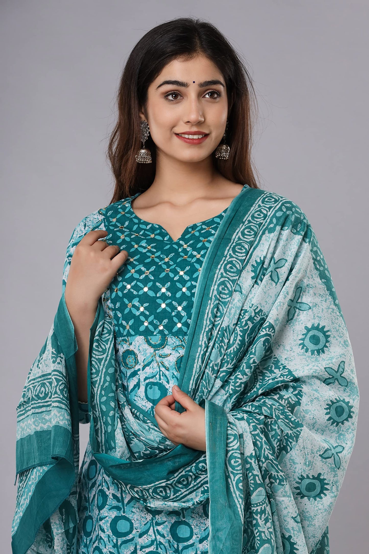 Vnyashri Cotton kurta set with dupatta for women (IN, Alpha, S, Regular, TEAL GREEN)