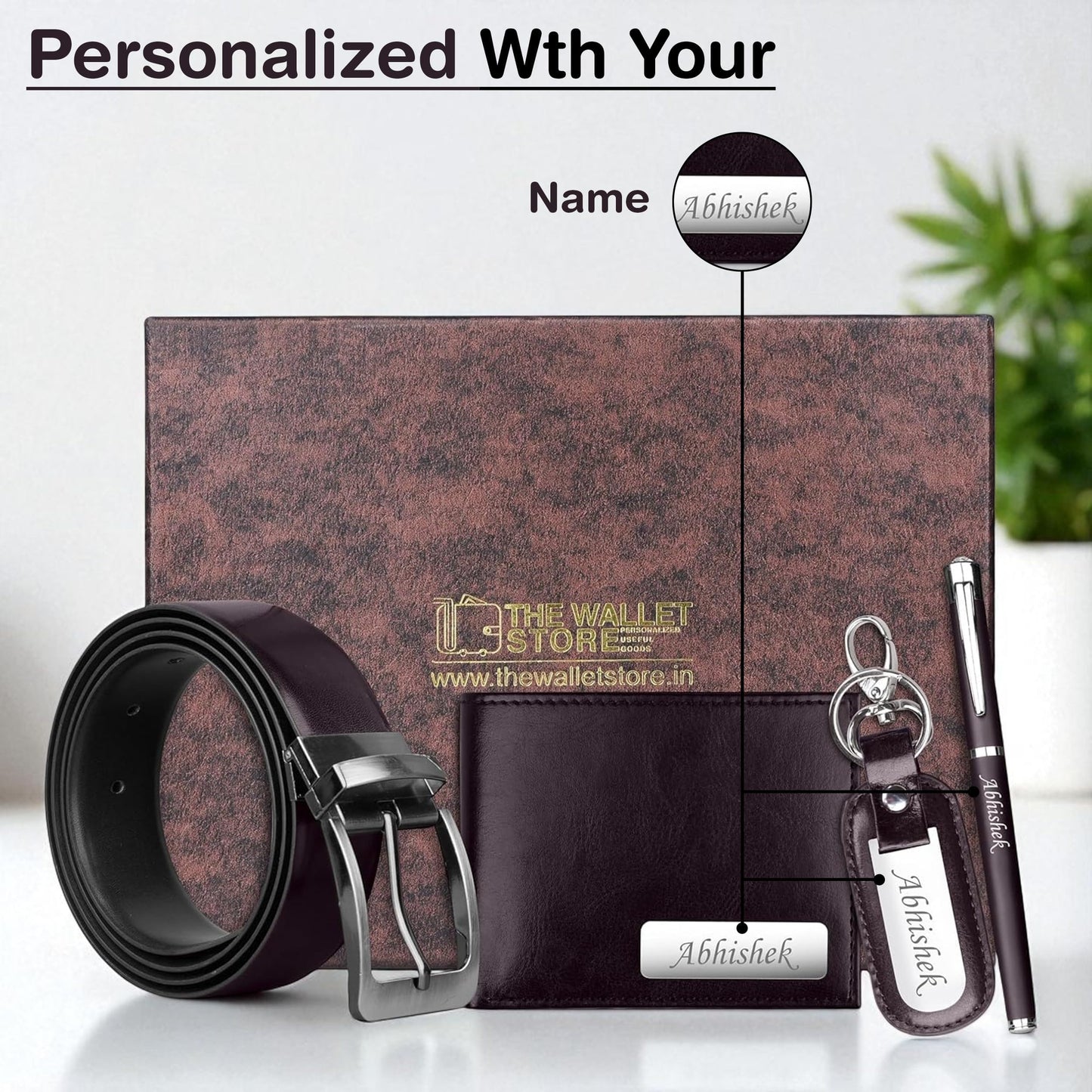 The Wallet Store Personalised Leather Gift Set for Men | Wallet, Reversible Belt, Engraved Pen & Keychain Combo with Name | Premium Gift Box for Birthday & Corporate Gifts (PN03-KC14-BT01-WL15-BRN)