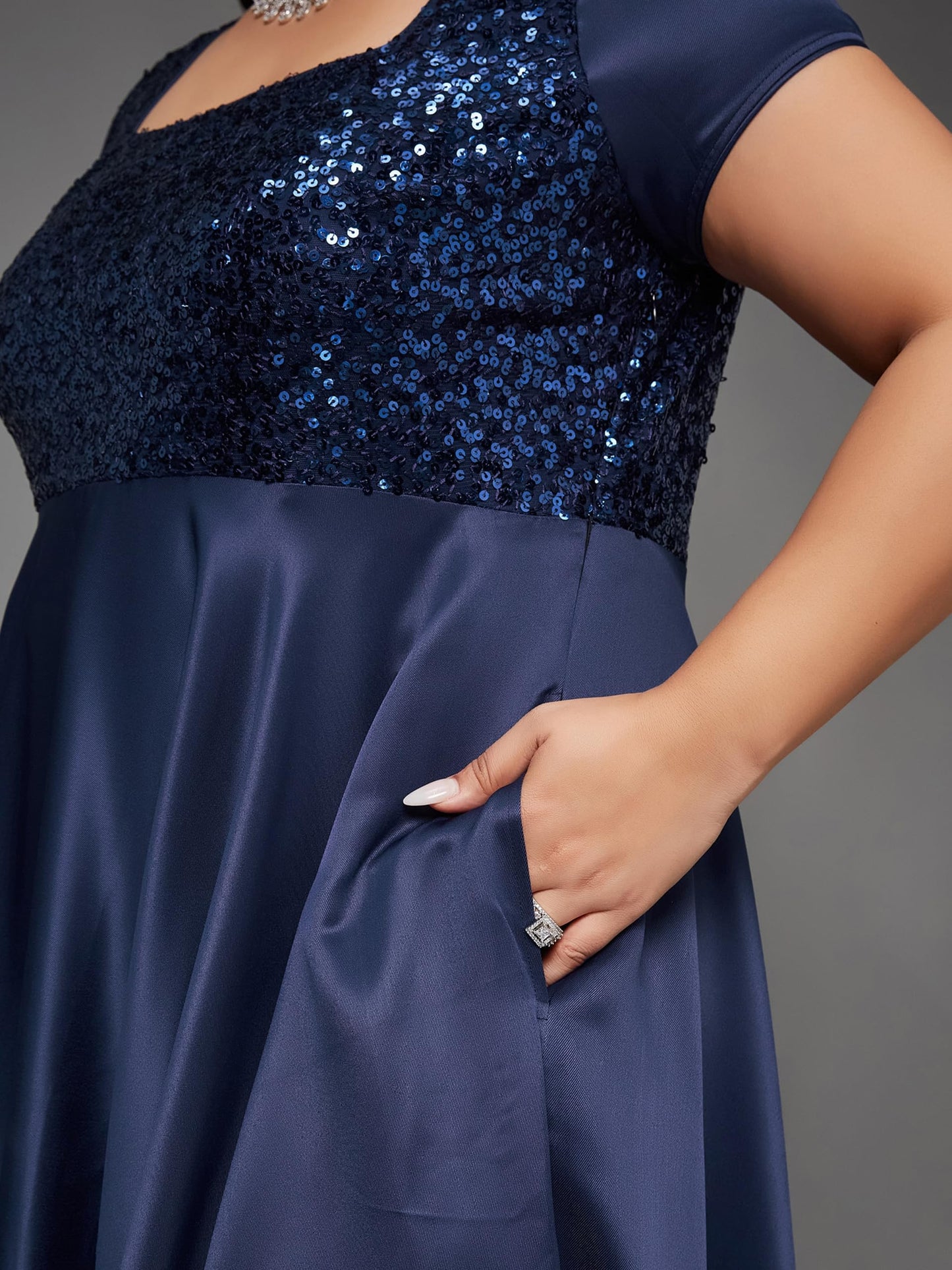 Miss Chase A+ Women's Square Neck Short Sleeve Embellished Polyester Fit & Flare Maxi Dress with Pockets (APSS23D06-60-71-06, Navy Blue, XL)