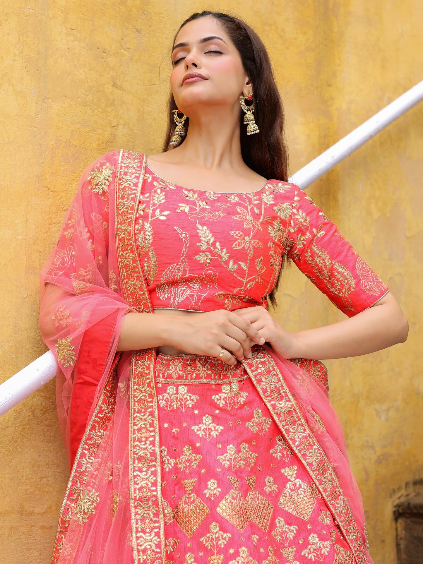 Zeel Clothing Women's Sequins Thread Embroidery Silk Wedding Latest Readymade Lehenga Choli With Dupatta (7055-Peach-Wedding-Lehenga-Choli-Latest; Free Size) (Peach)