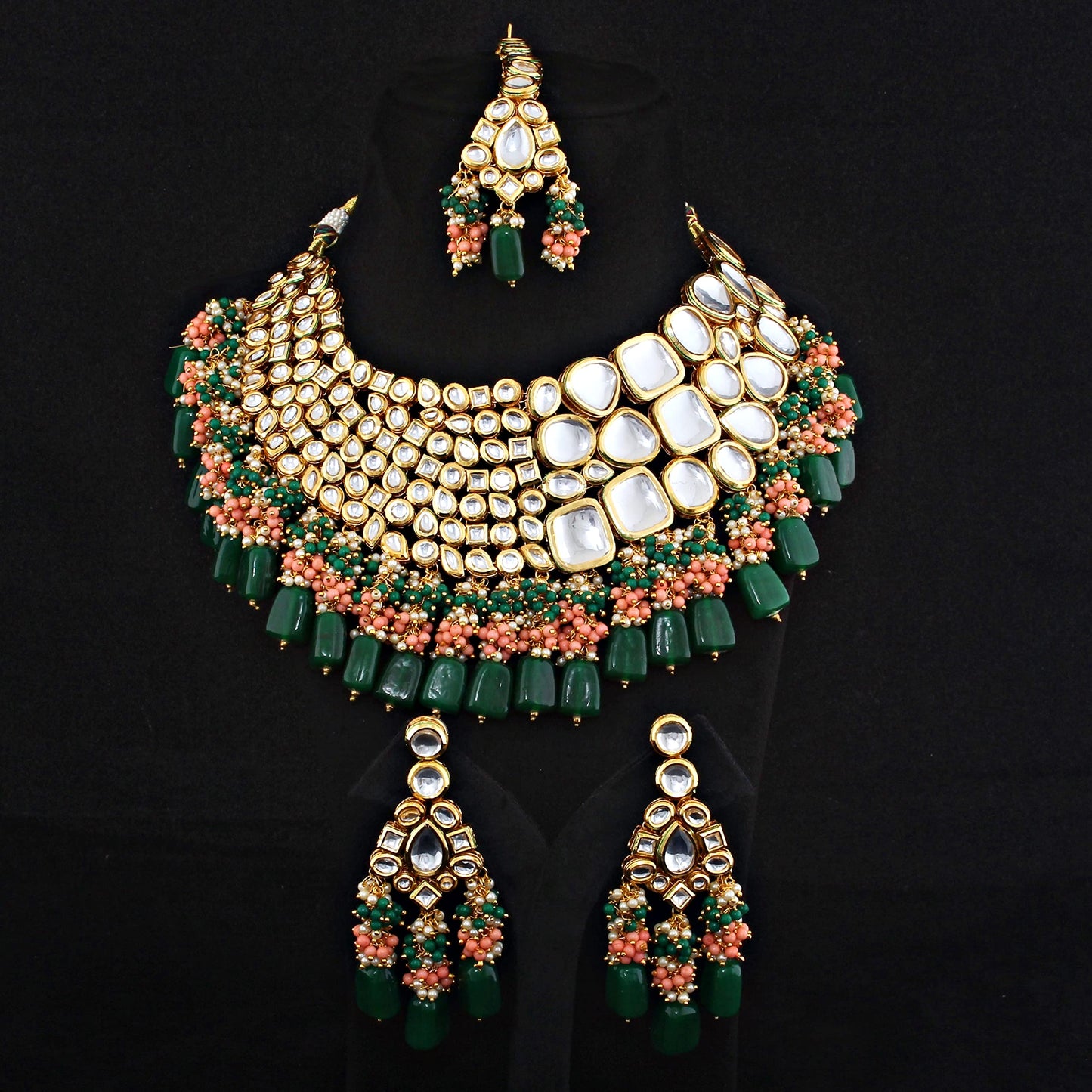 Lucky Jewellery 18K Gold Plated Multicolor Kundan Stone/Uncut Kundan/Dibbi Kundan/Meena Kundan/Lucknow Kundan with Tumble Drop Bridal Set for Girls & Women (8656-M4SK-1568-WPHG)