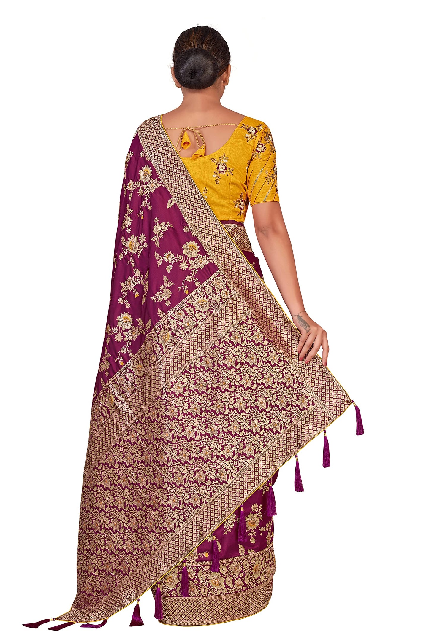 Monjolika Fashion Women's Banarasi Silk Blend Zari Woven Work With Tussles Saree Blouse Piece(37769 color) (Rani Pink)