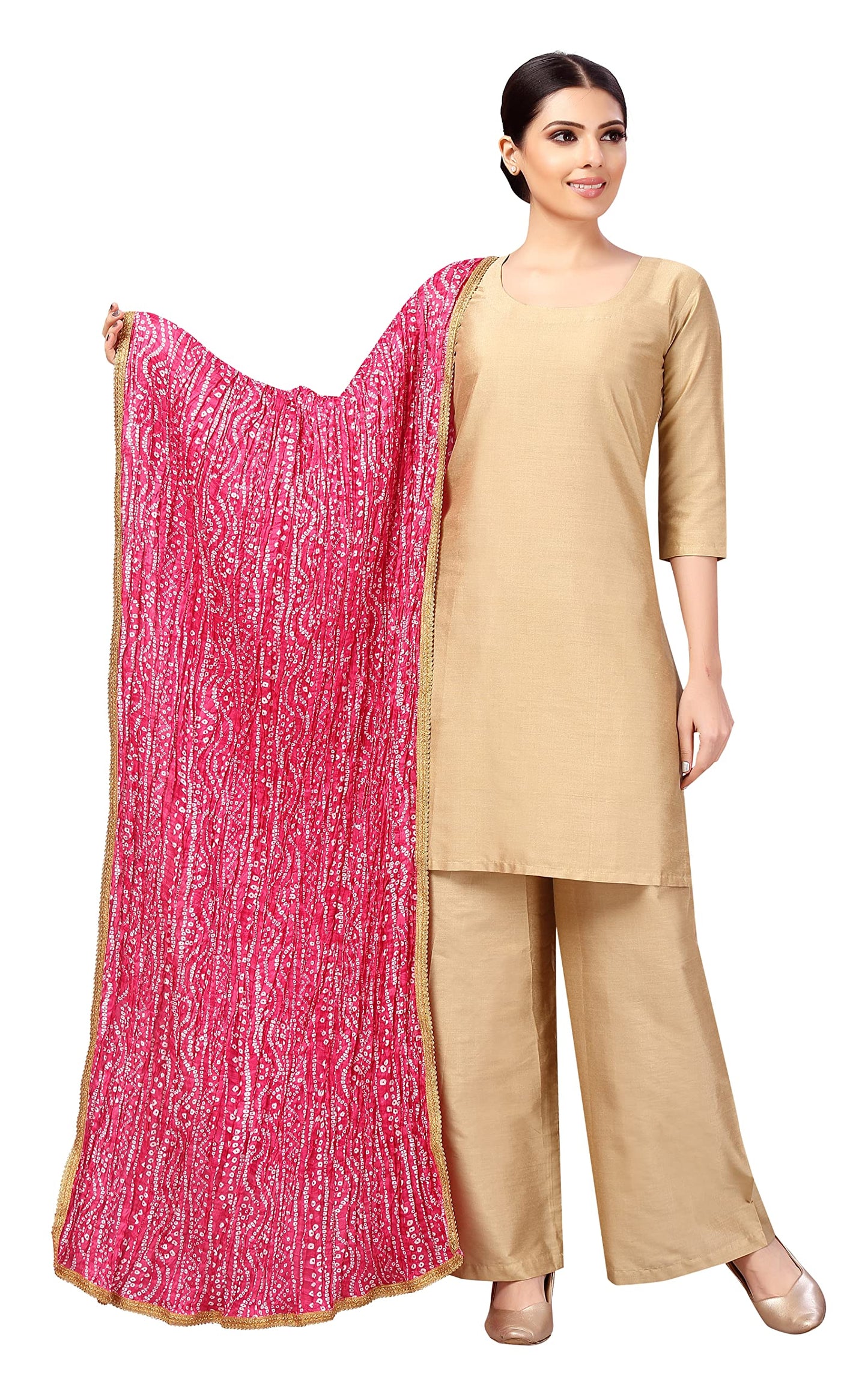 Studio Shringaar Women's Vegan Silk Crushed Bandhni Dupatta (42" X 2.5 Meters,Pink)