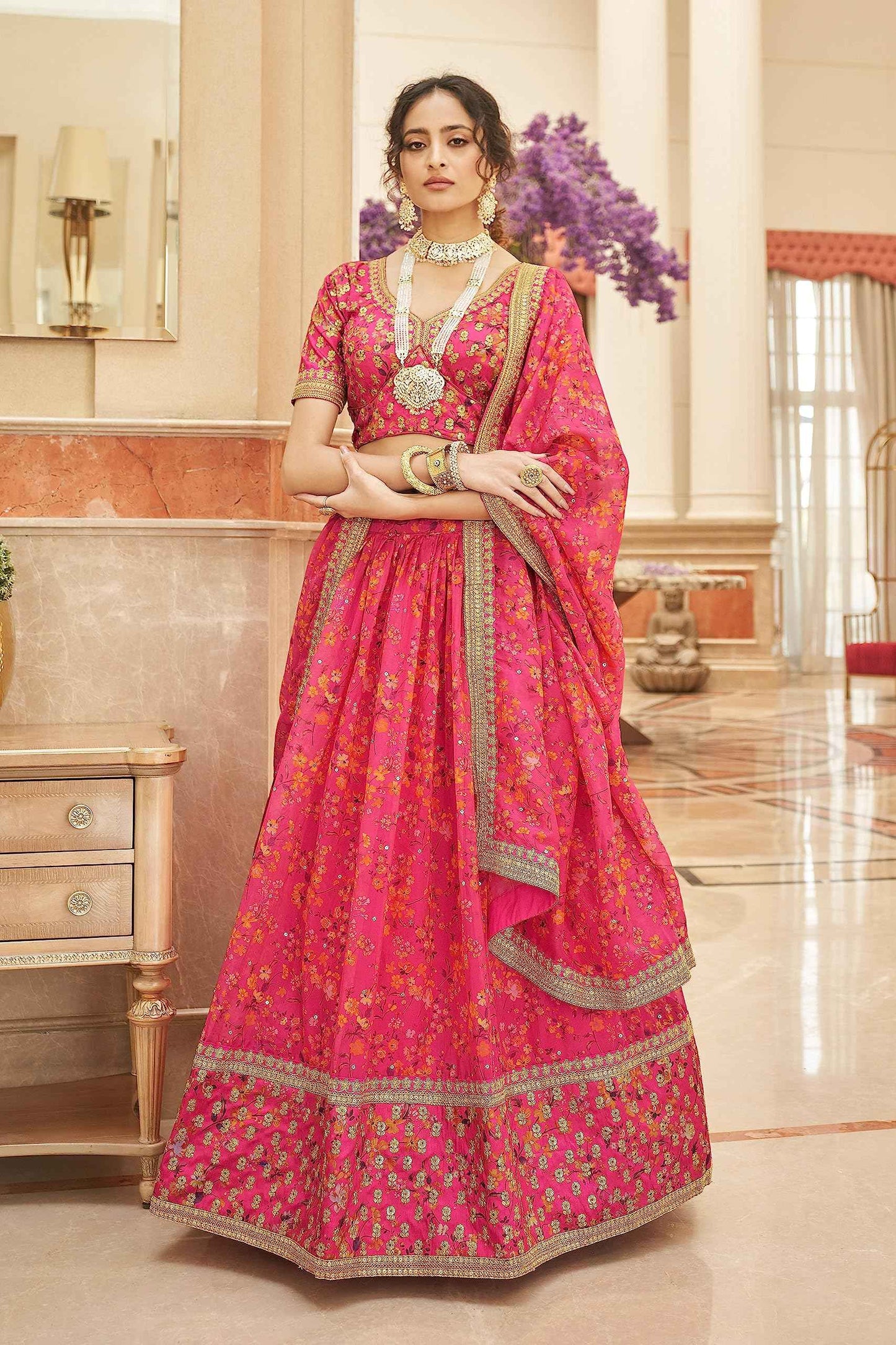 Zeel Clothing Women Organza Lehenga Choli Semi-Stitched Pink Free Size