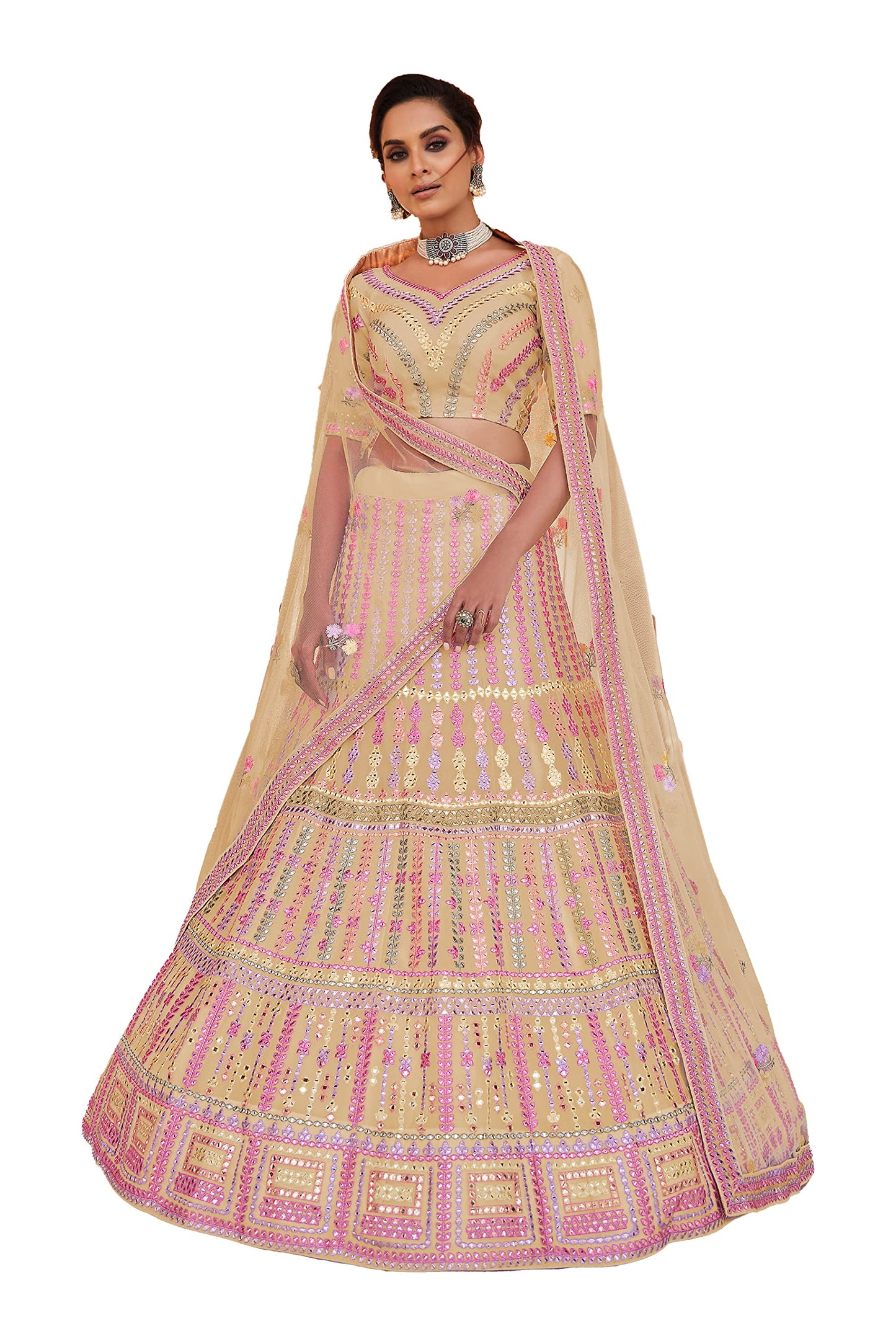 FUSIONIC Yellow Color Organza Fabric Thread And Gota Work Lehenga For Women