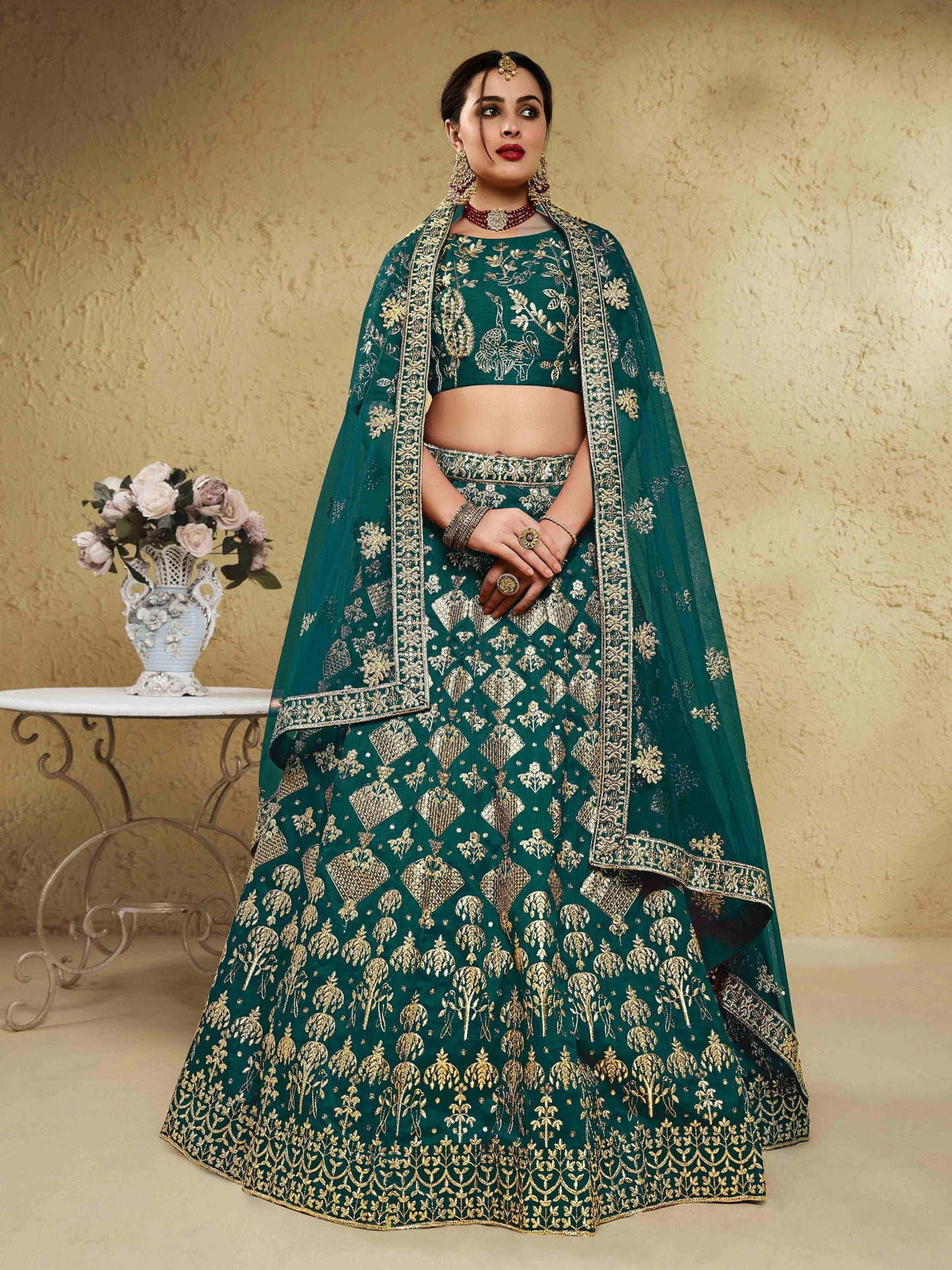 Zeel Clothing Women's Thread Sequins Embroidery Silk Bridal Semi-Stitched New Lehenga Choli With Dupatta (7055-Green-Wedding-Bridal-Stylish-Latest; Free Size)
