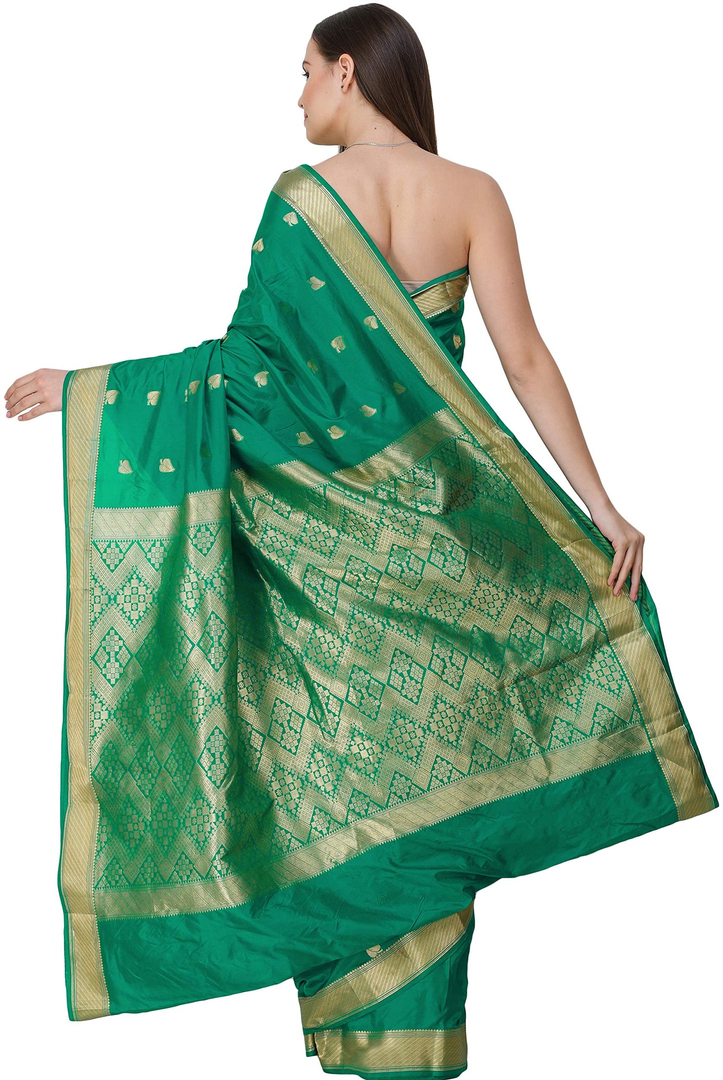 Exotic India Uppada Sari from Bangalore with Zari-Woven Leaves (Green Lake)