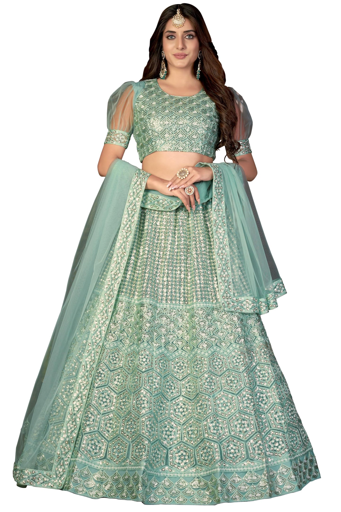 VARNI FABRICS Lehenga set for Women Net Embroidered Sequence Zari Work Semi Stitched Lehenga for Women Wedding Ethnic Traditional Party Lehenga Choli with Dupatta Mehndi Reception| Green | Free Size
