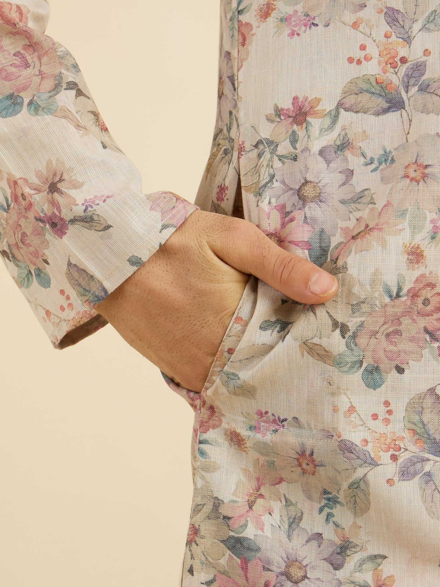 Manyavar Men's Cotton BlendFloral Digital Print Long Kurta (Natural,XL)