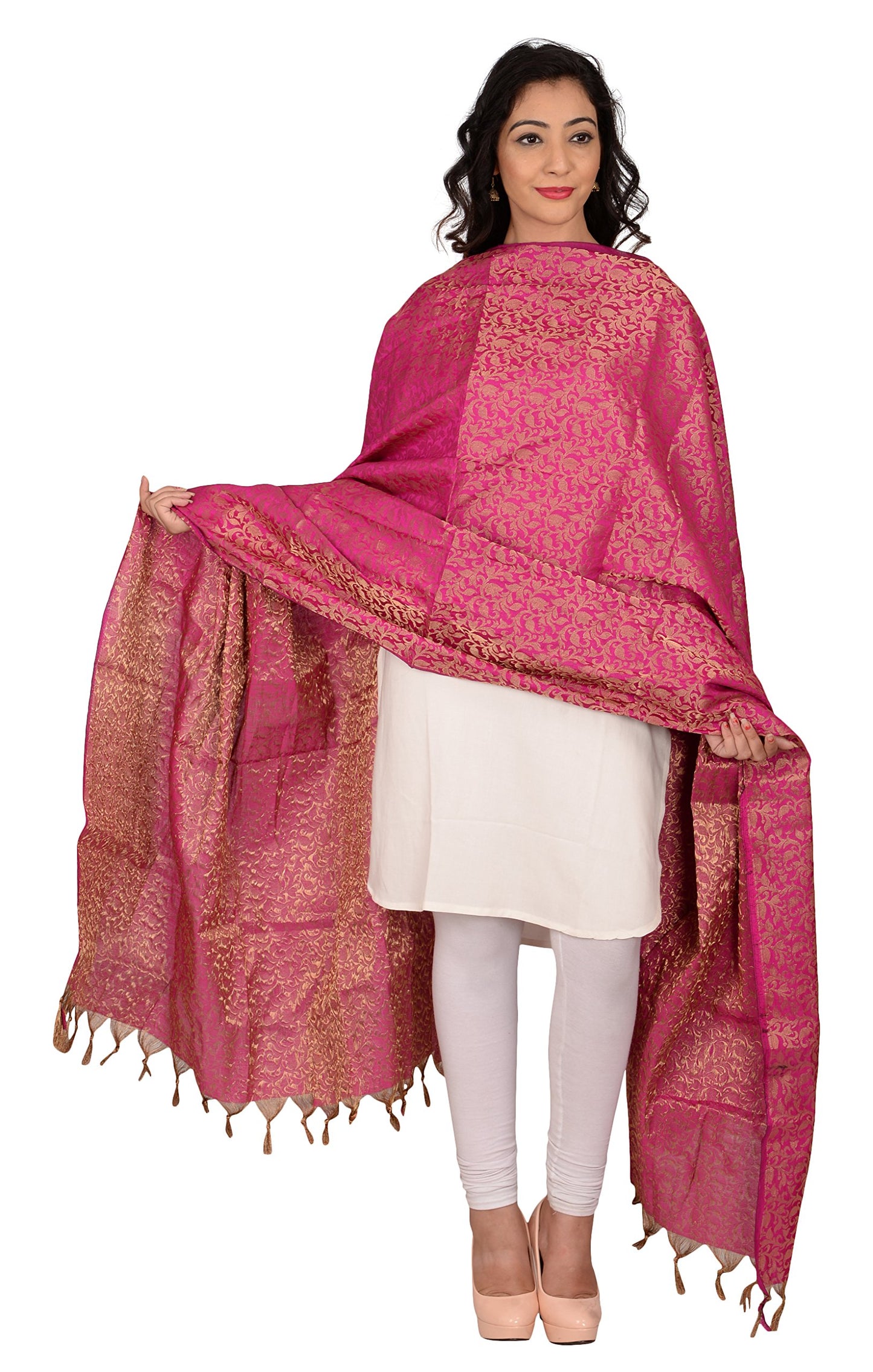 YOUTHQUAKE Women's & Girls Golden Zari Jacquard Banarsi Silk Dupatta with (Rani Pink) 2.25 Meter