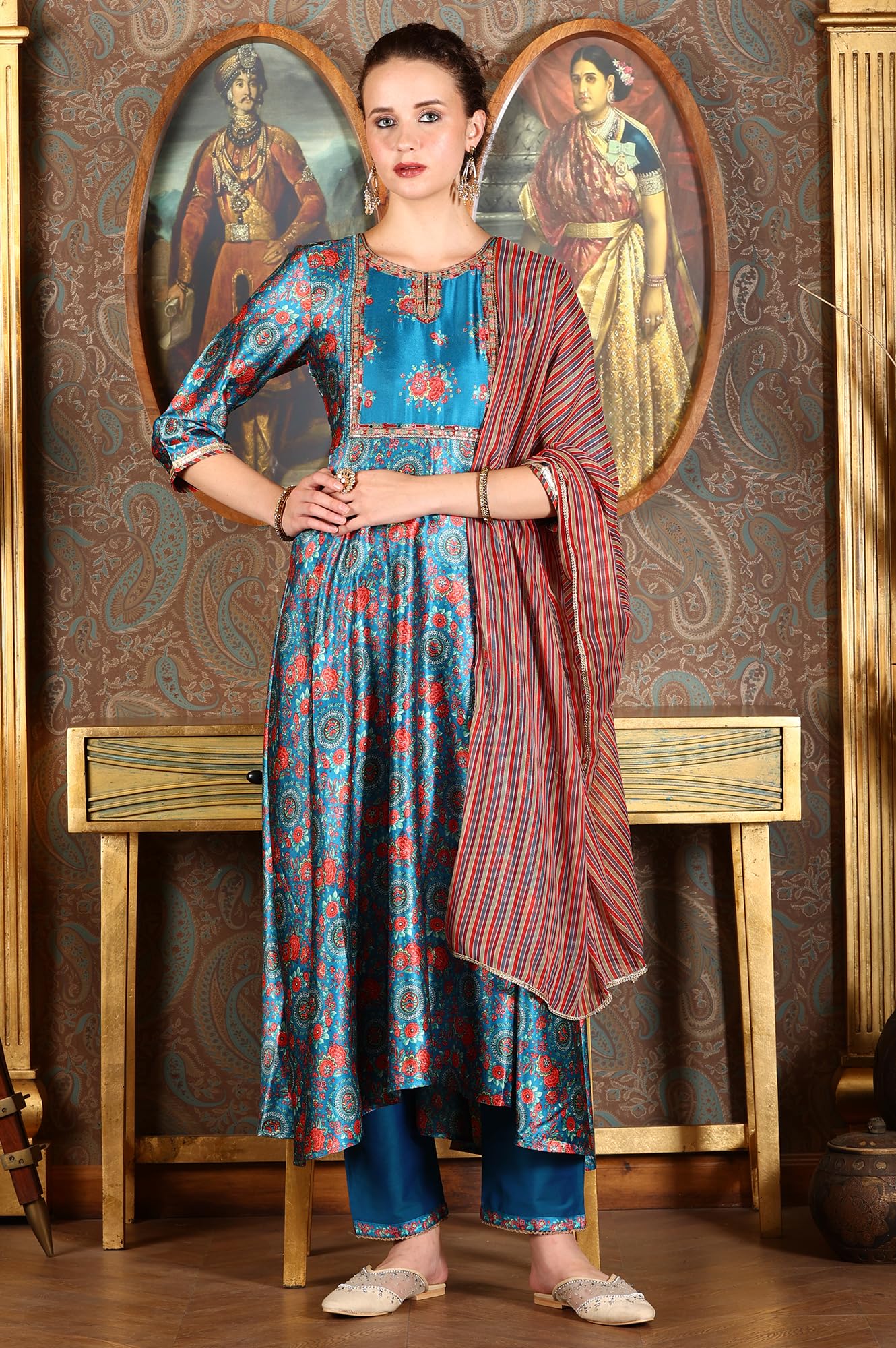 W for Woman Cerulean Blue Floral Printed Japanese Satin Kurta, Pants and Dupatta Set (Size: S)-24AUWS11763-123276