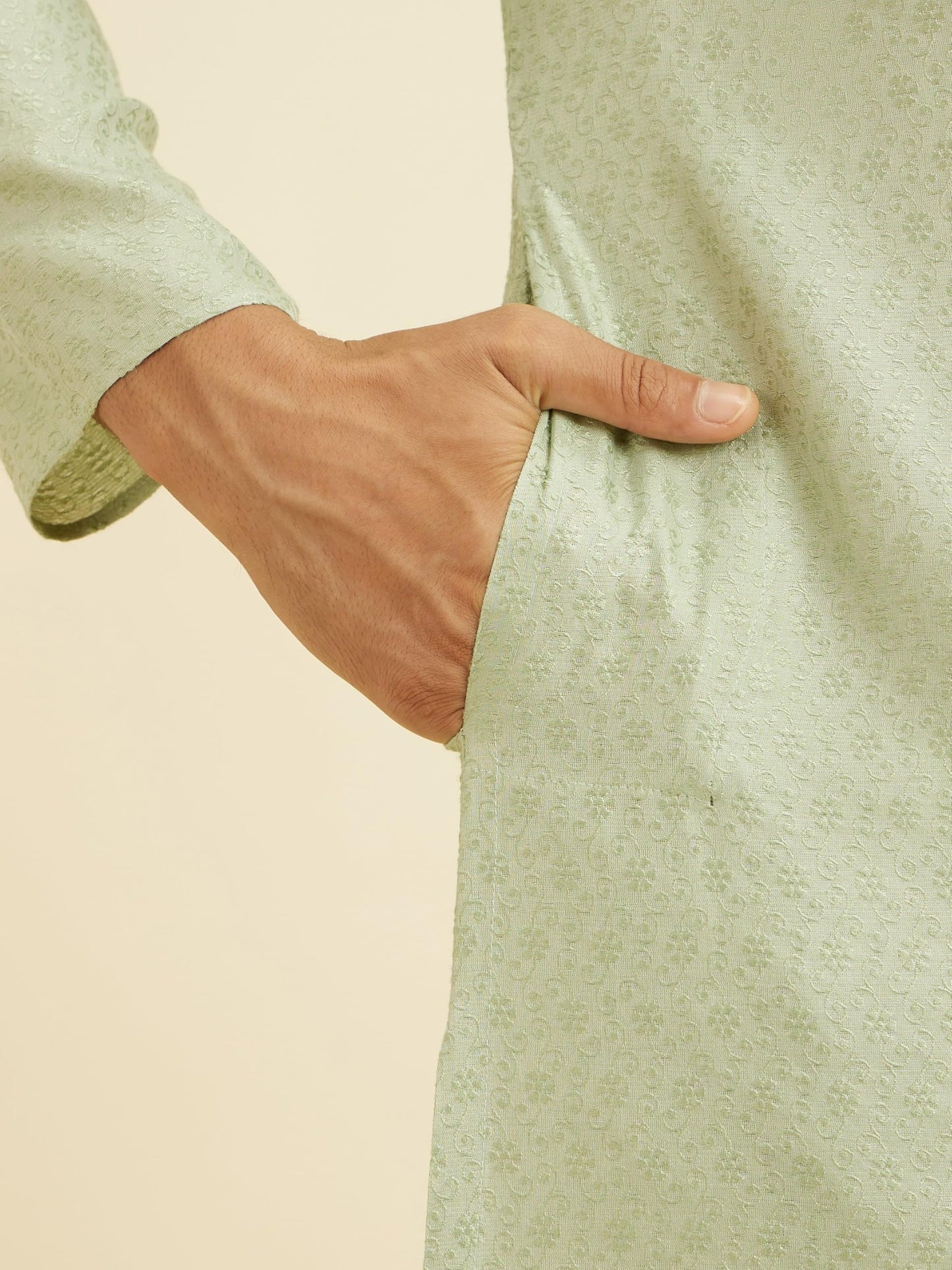 Manyavar Men's Viscose Blend Thread Work| Self Design Kurta Pyjama Set (Green,S)