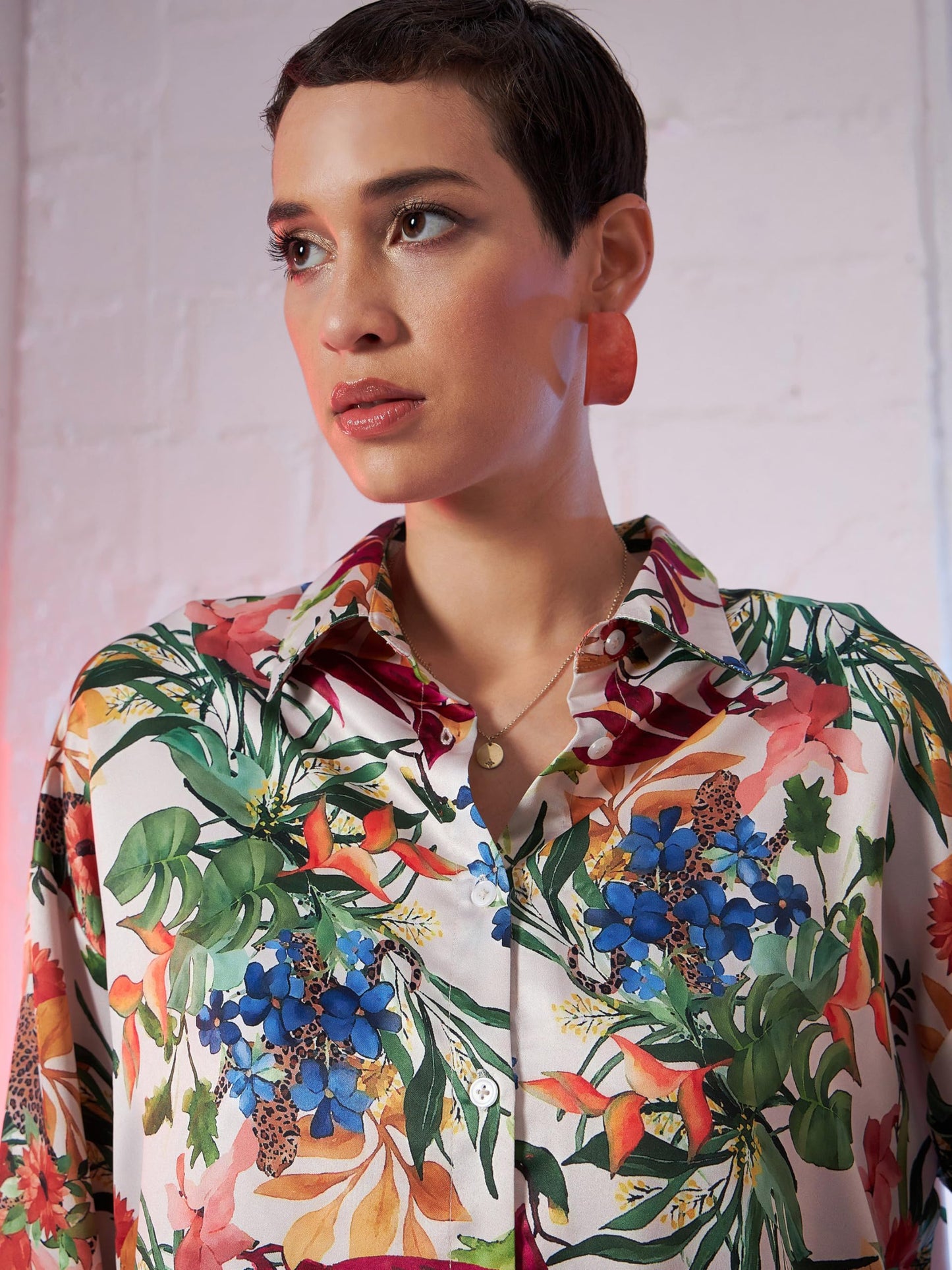 SASSAFRAS Beige Satin Floral Oversized Shirt