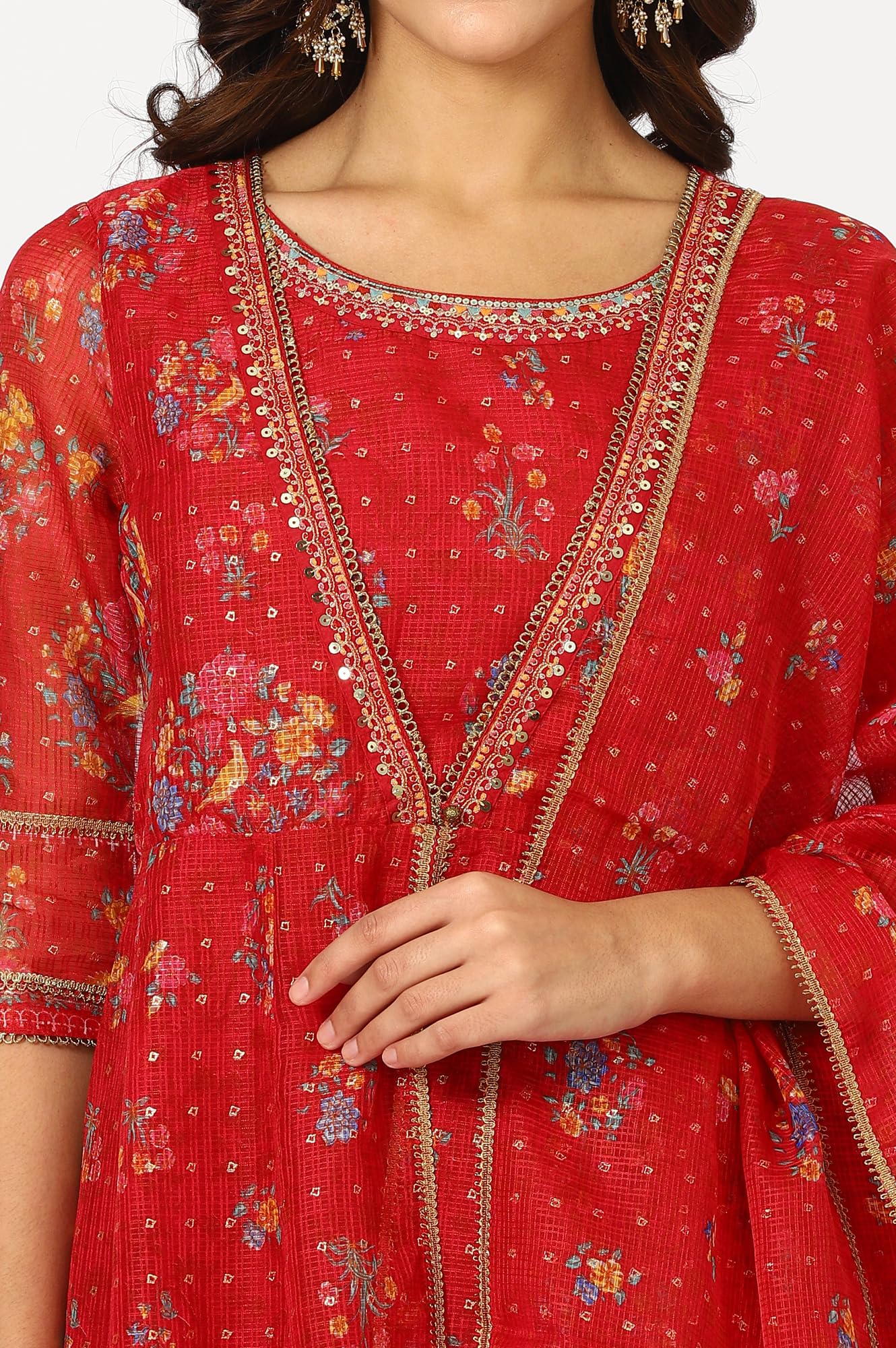 W for Woman Crimson Red Embroidered Flared Kota Kurta, Straight Pants and Dupatta (Size: 3XL)-24AUWS11760-124639