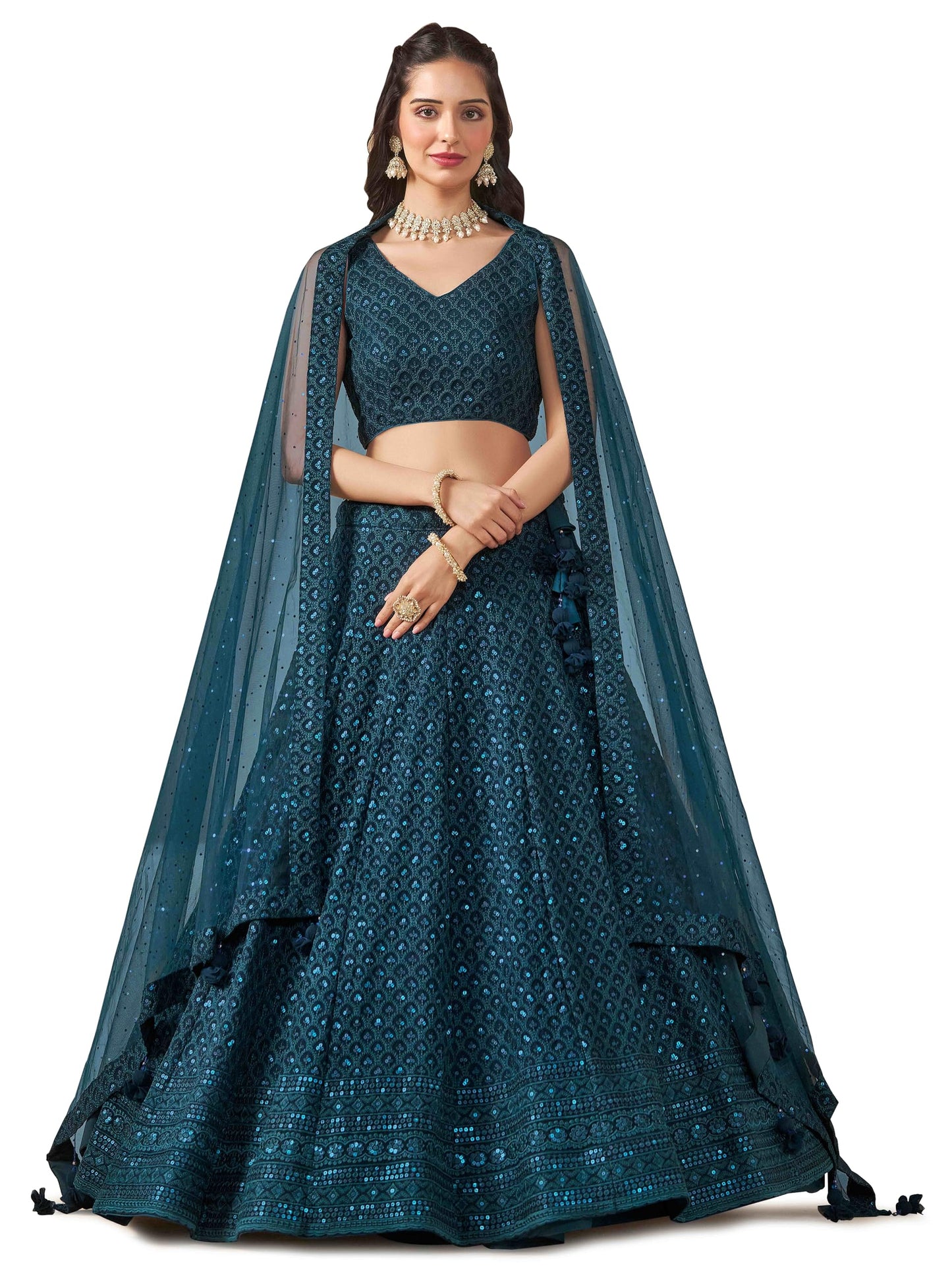 Zeel Clothing Women's Sequins Thread Embroidered Georgette Lehenga Choli With Dupatta (5124-Blue-Women-Lehenga-Choli-New; Free size) (Blue)