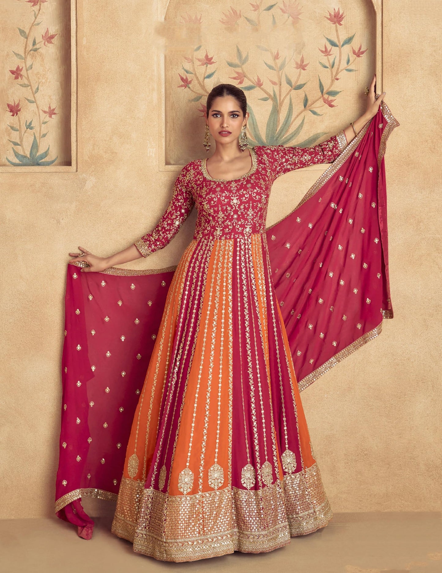 Miss Ethnik Women's Pink Chinon Stitched Gown with Dupatta 3/4 Sleeve Embroidered Anarkali Gown (ME-1231-Pink-XL)