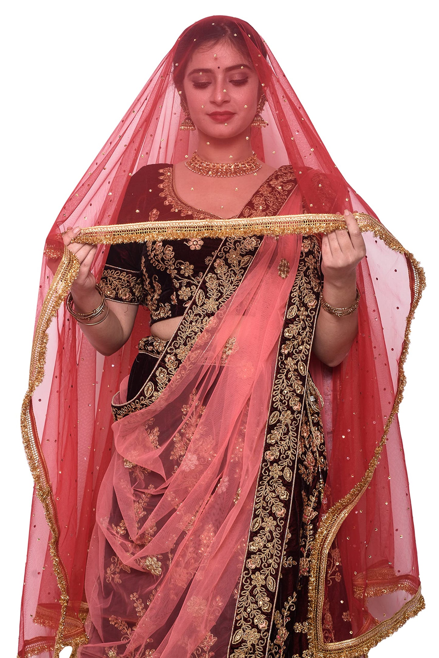 faith visit Women's Self Design Net Dupatta (red-mkda_Red_free size)