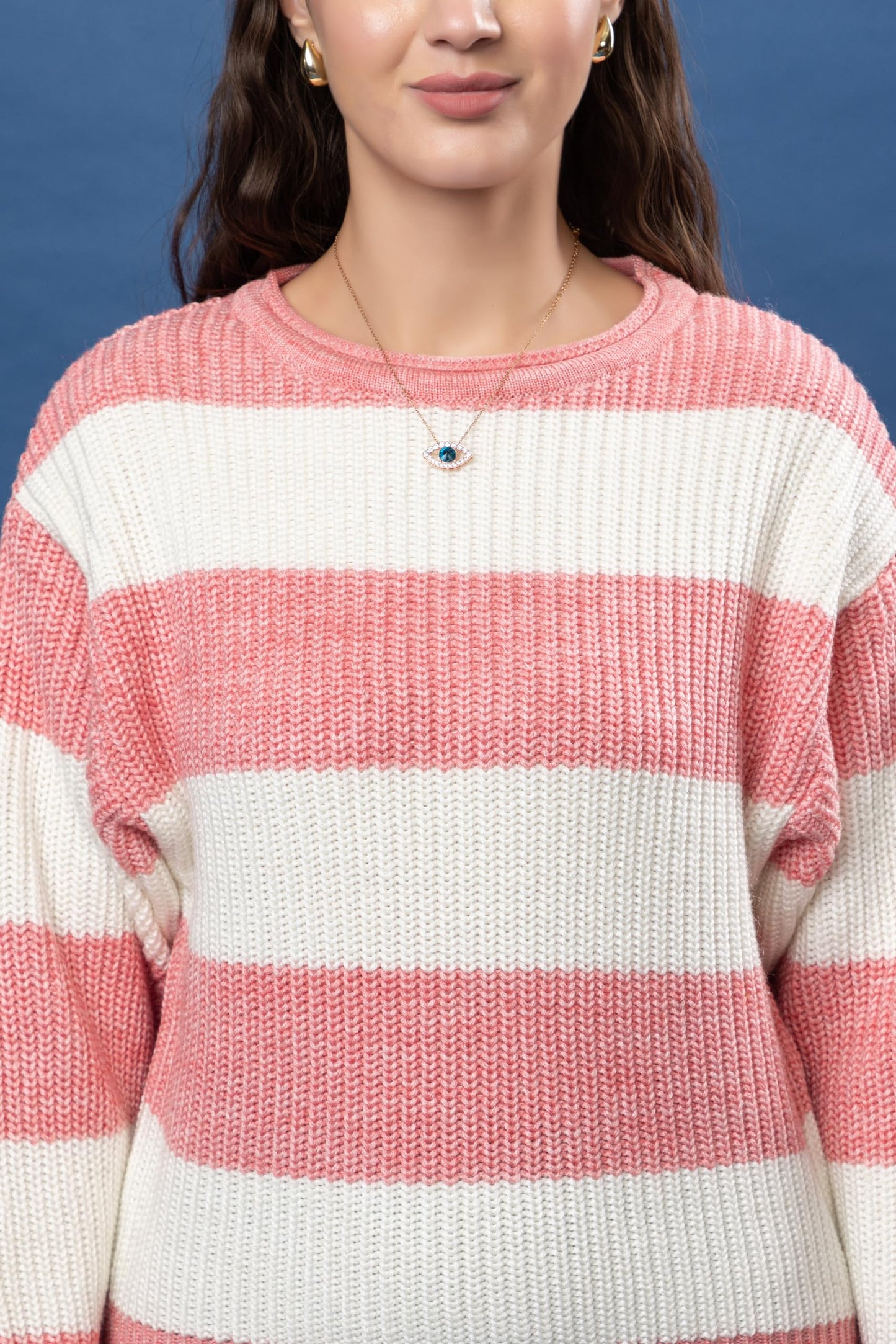 Wear lusso Womens 100% Wool Color Block Stripe Full Sleeve Round Neck Pullover Sweater for Winter Season (in, Alpha, M, Gajri)