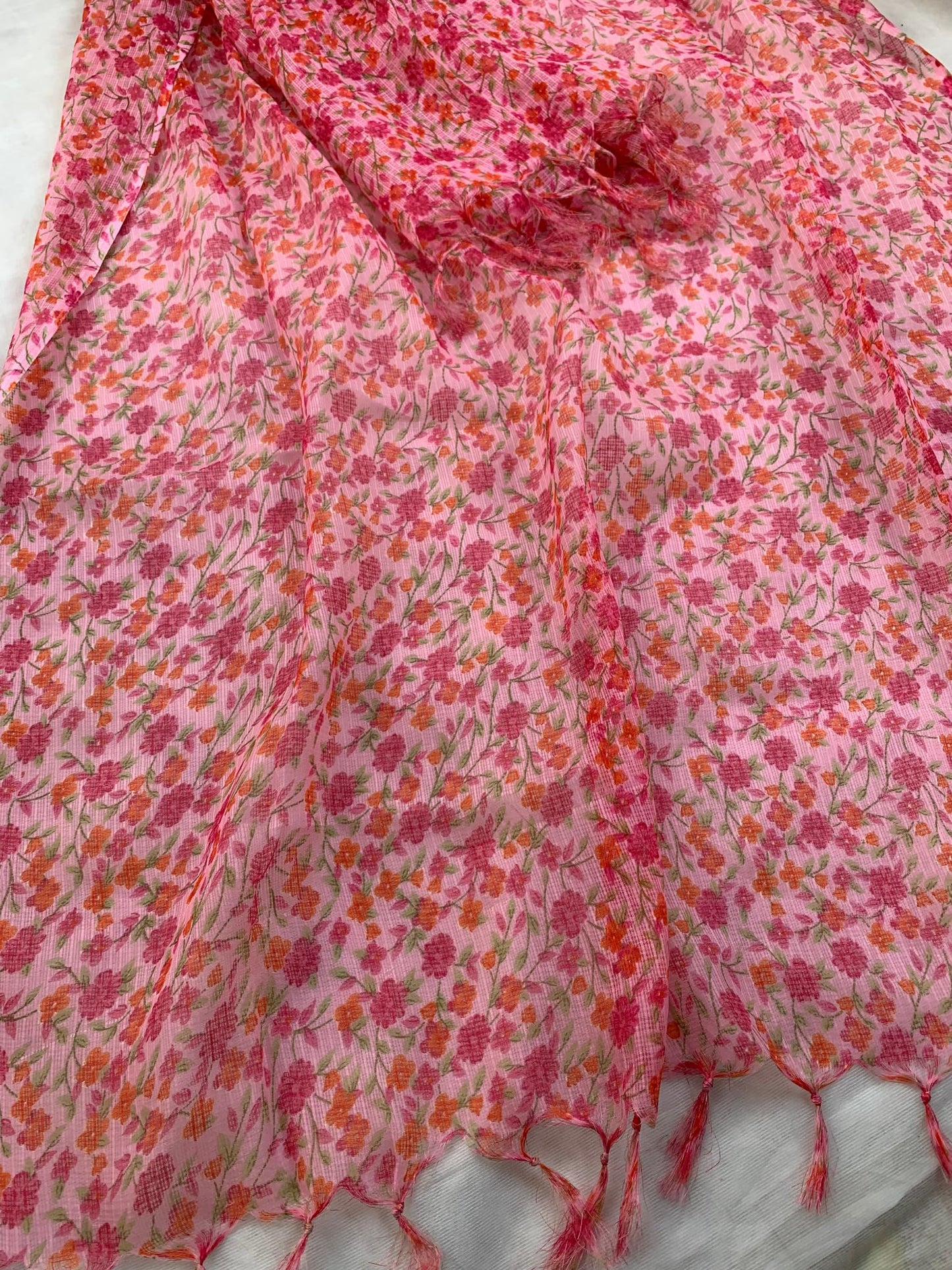 AKSHADEEP Rajasthani Women's Poly Winter Pink Floral Print Kota Doria Checkered Dupatta