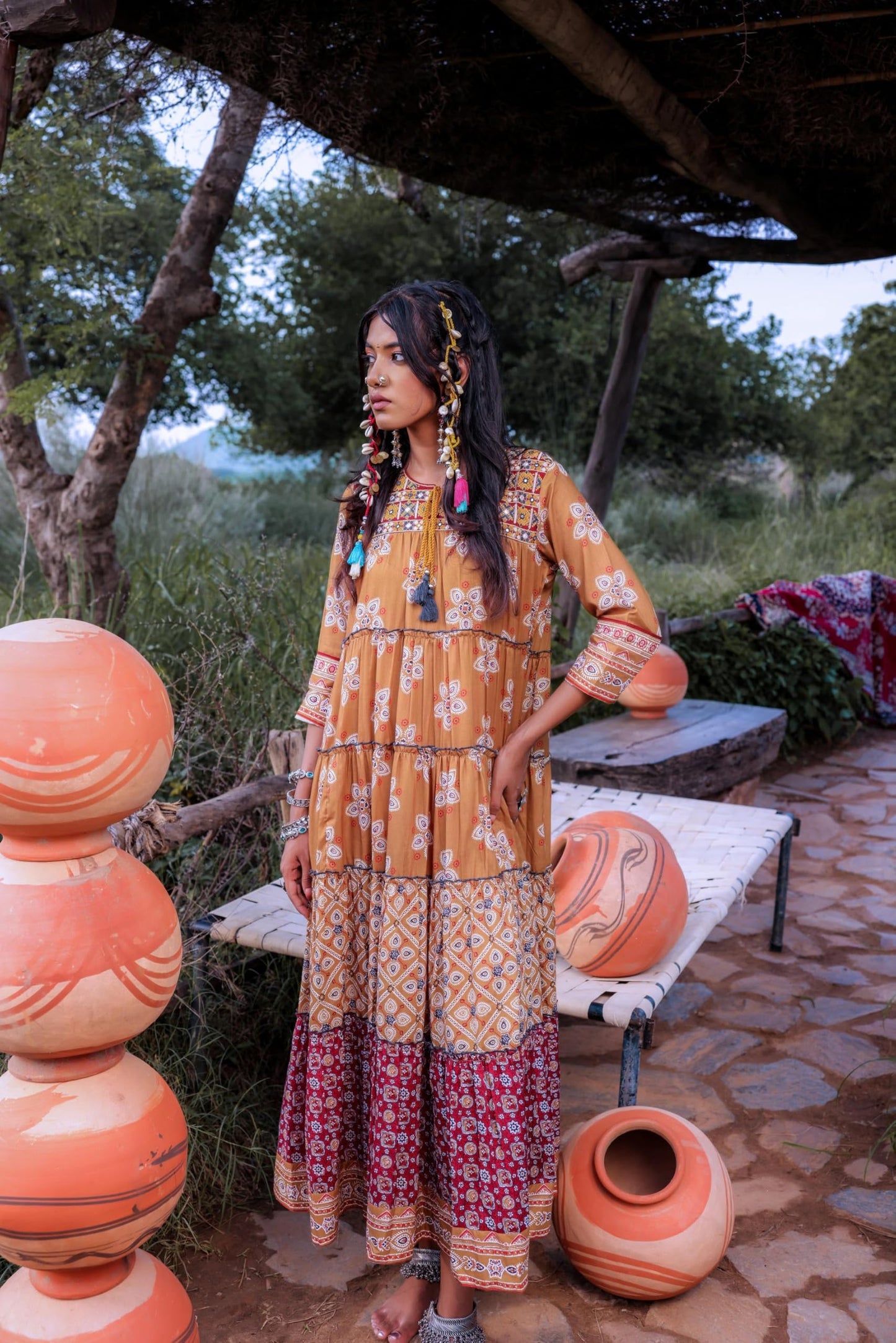 Juniper Mustard Embroidered Anarkali Long Dress with Tassels & Mirror Work