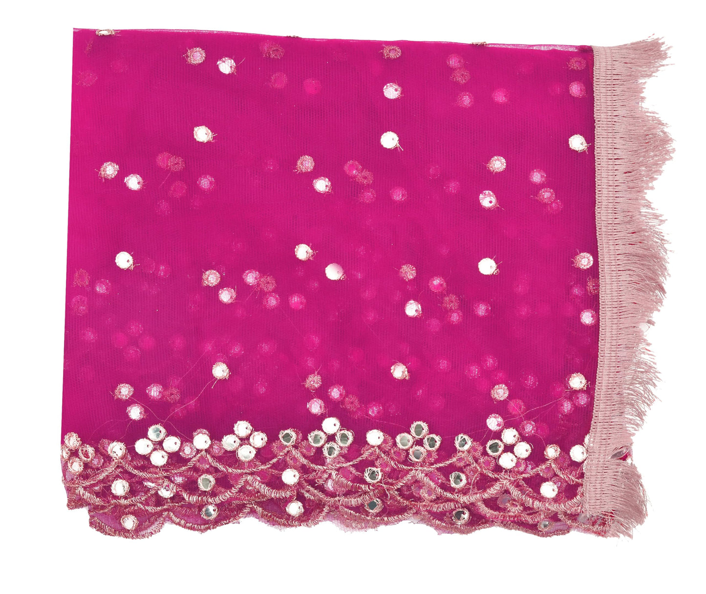 YOUTHQUAKE Plastic Mirror Emboridered Net Dupatta for Womens & Girls With Fancy Cut Design with Lace (Rani Pink) 2.25 Meter