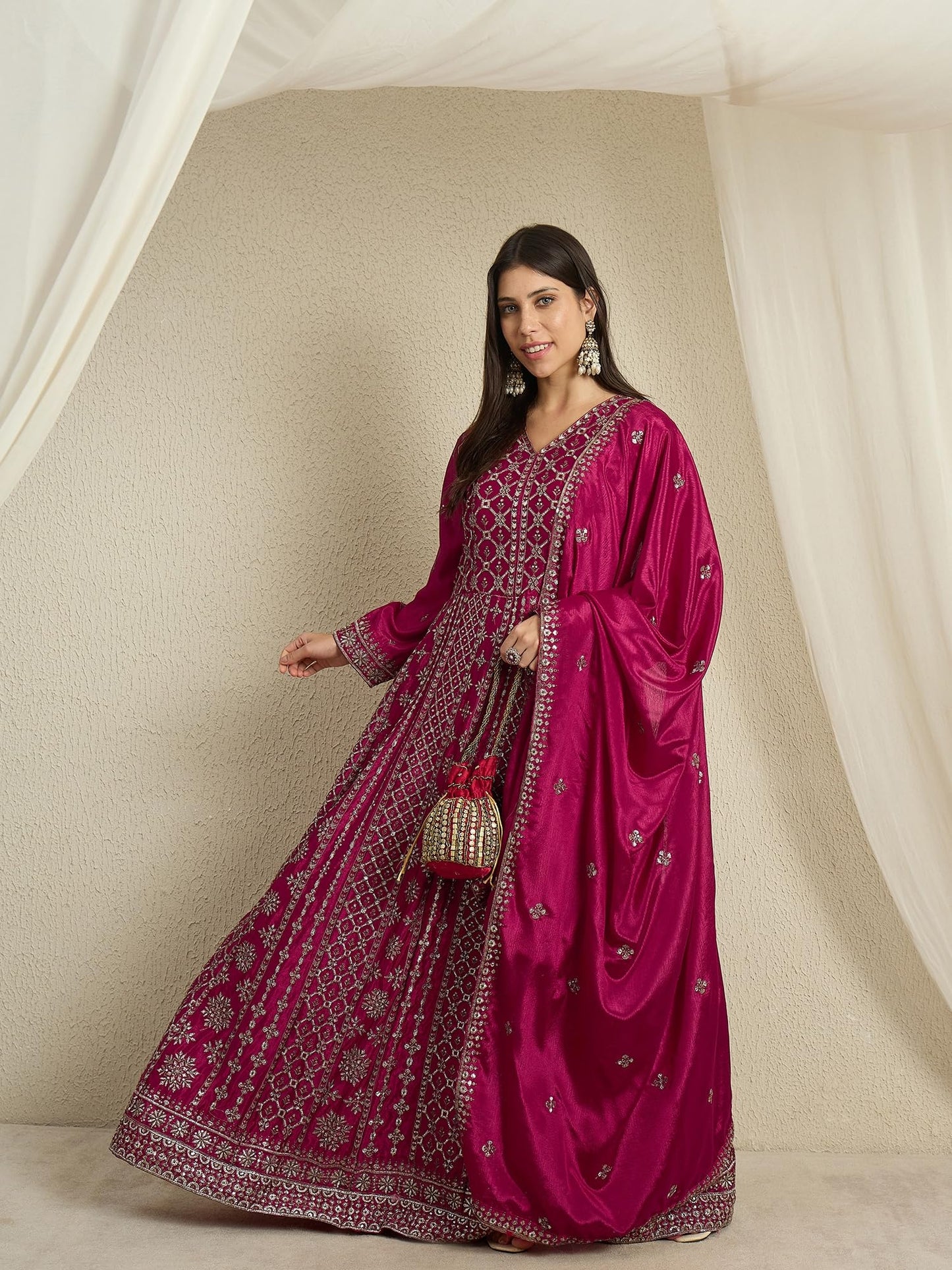 Miss Ethnik Women's Maroon Chinon Stitched Gown with Dupatta Full Sleeve Embroidered A-Line Gown (MEY-1236-Maroon-M)