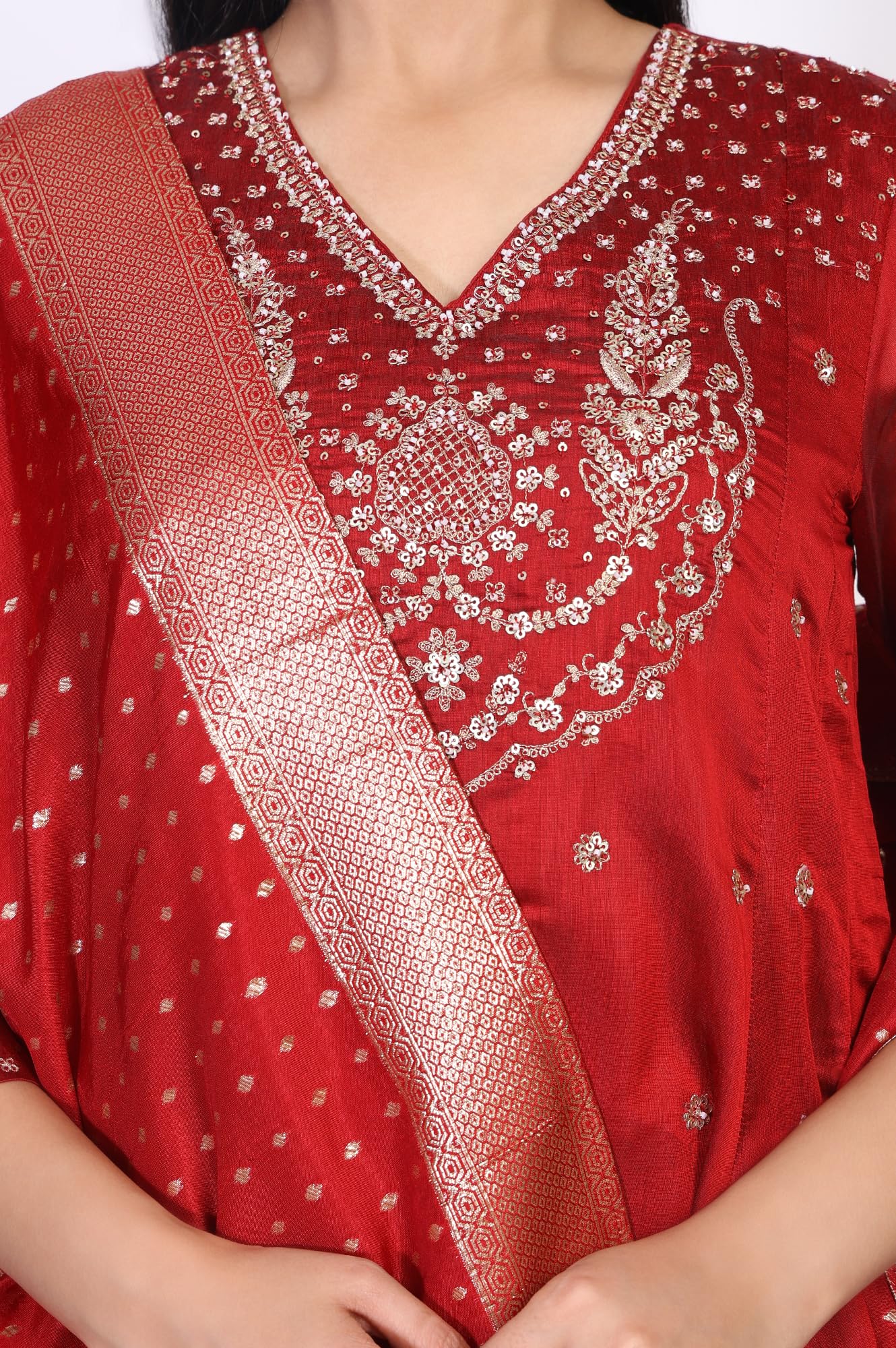 W for Woman Red Bandhni Embroidered Anarkali Jacquard Kurta with Sharara and Dupatta Set (WS13168-224094-3XL)