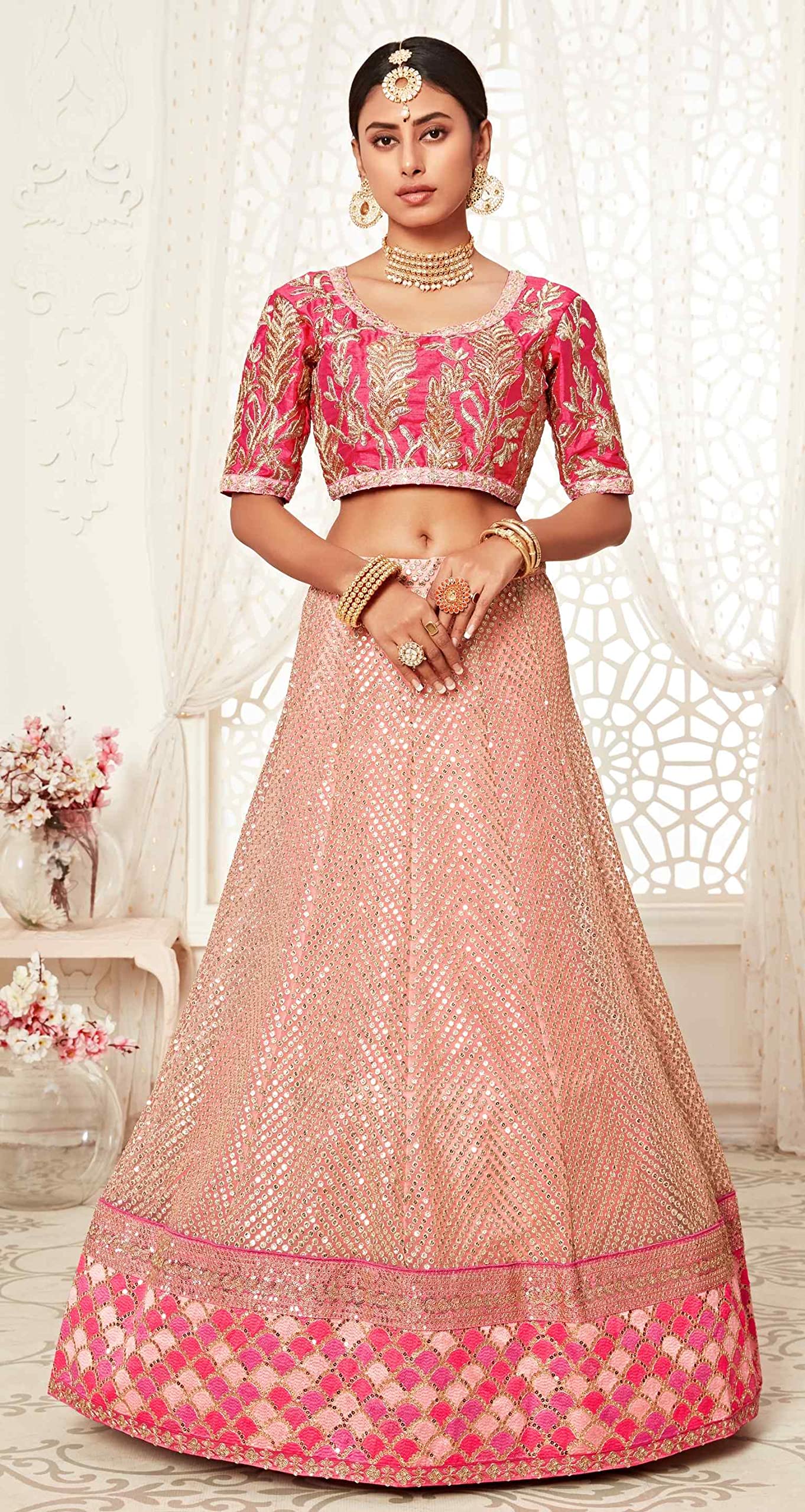 Divine Exim Women's Soft Net Lehenga Choli With Dupatta (PINK_ZCDE7706_Unstitched)
