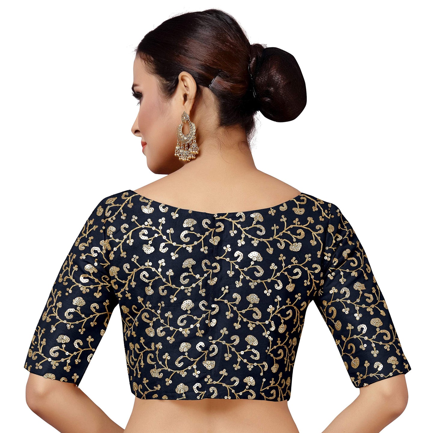 Studio Shringaar Women's Readymade Golden Sequins Embroidered Saree Blouse with Elbow Length Sleeves (Navy Blue, 38)