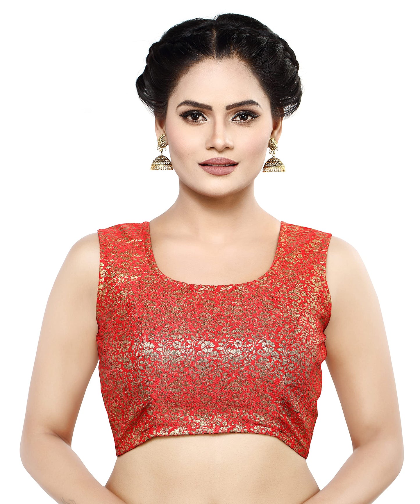 Madhu Fashion Womens Polyester Brocade Sleeveless Readymade Saree Blouse (MF1995, Red, 32)
