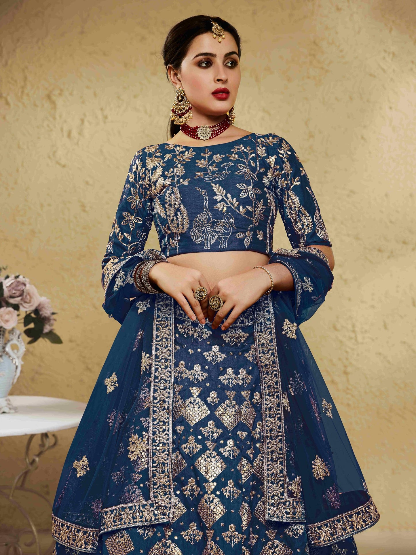 Zeel Clothing Women's Silk Semi-stitched Thread Sequins Embroidery Bridal New Lehenga Choli with Dupatta (7055-Blue-Wedding-Bridal-Stylish-Latest; Free Size)