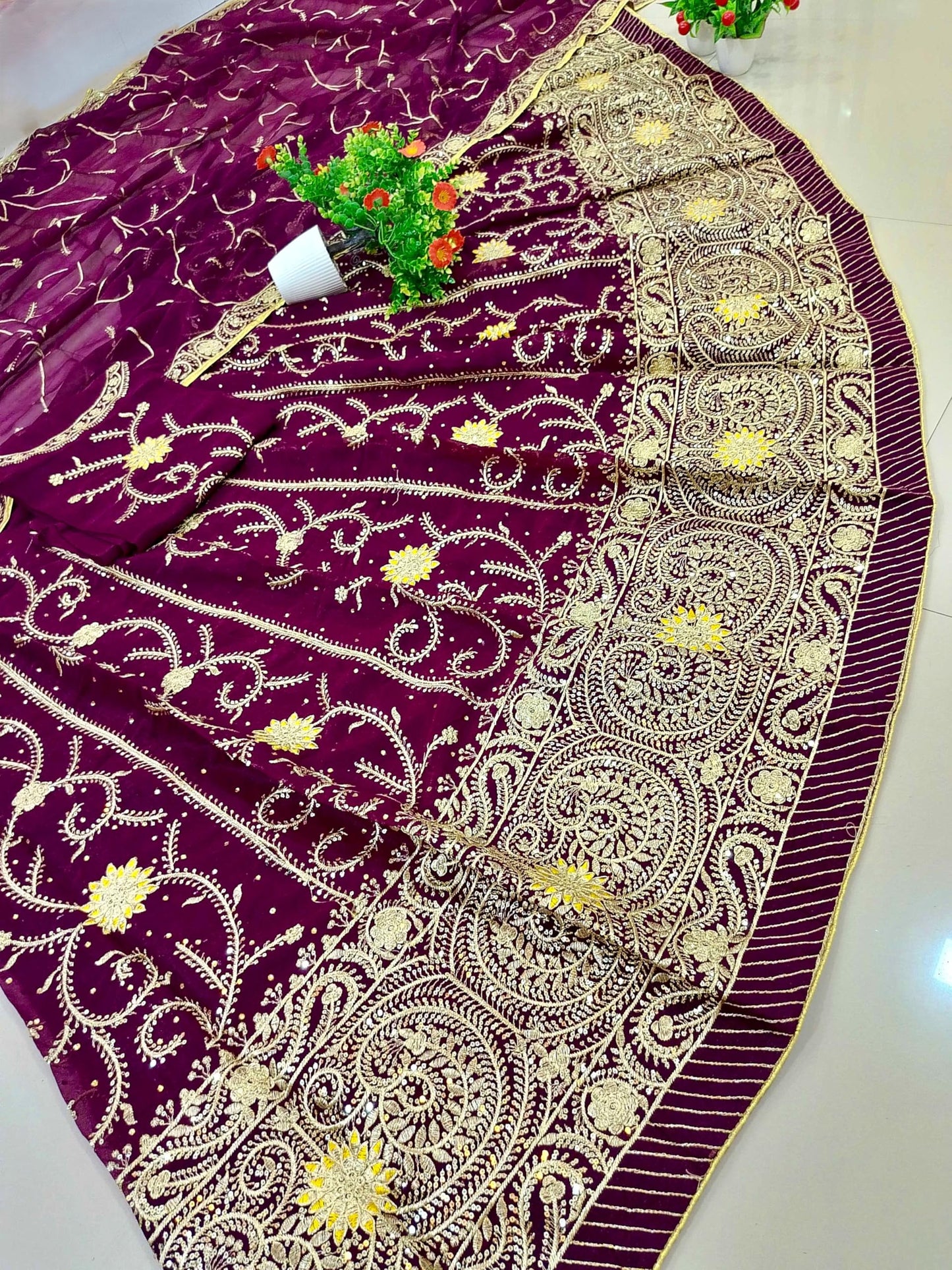 SHYAMLATA Fancy Heavy Embroidery And Sequins Work Shimmer Silk Semi-stitched Rajasthani Poshak || Rajputi Lehenga Choli For Women || Lehenga choli for women (Purple)
