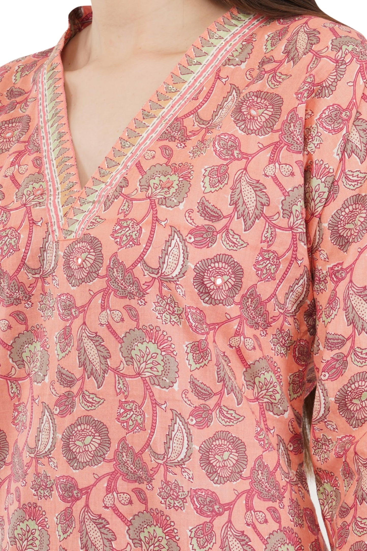 Pranjal Women's Soft Comfortable V-Neck 3/4 Length A-Line Cotton Floral Kurti-Pant and Dupatta Set (Large, Peach)