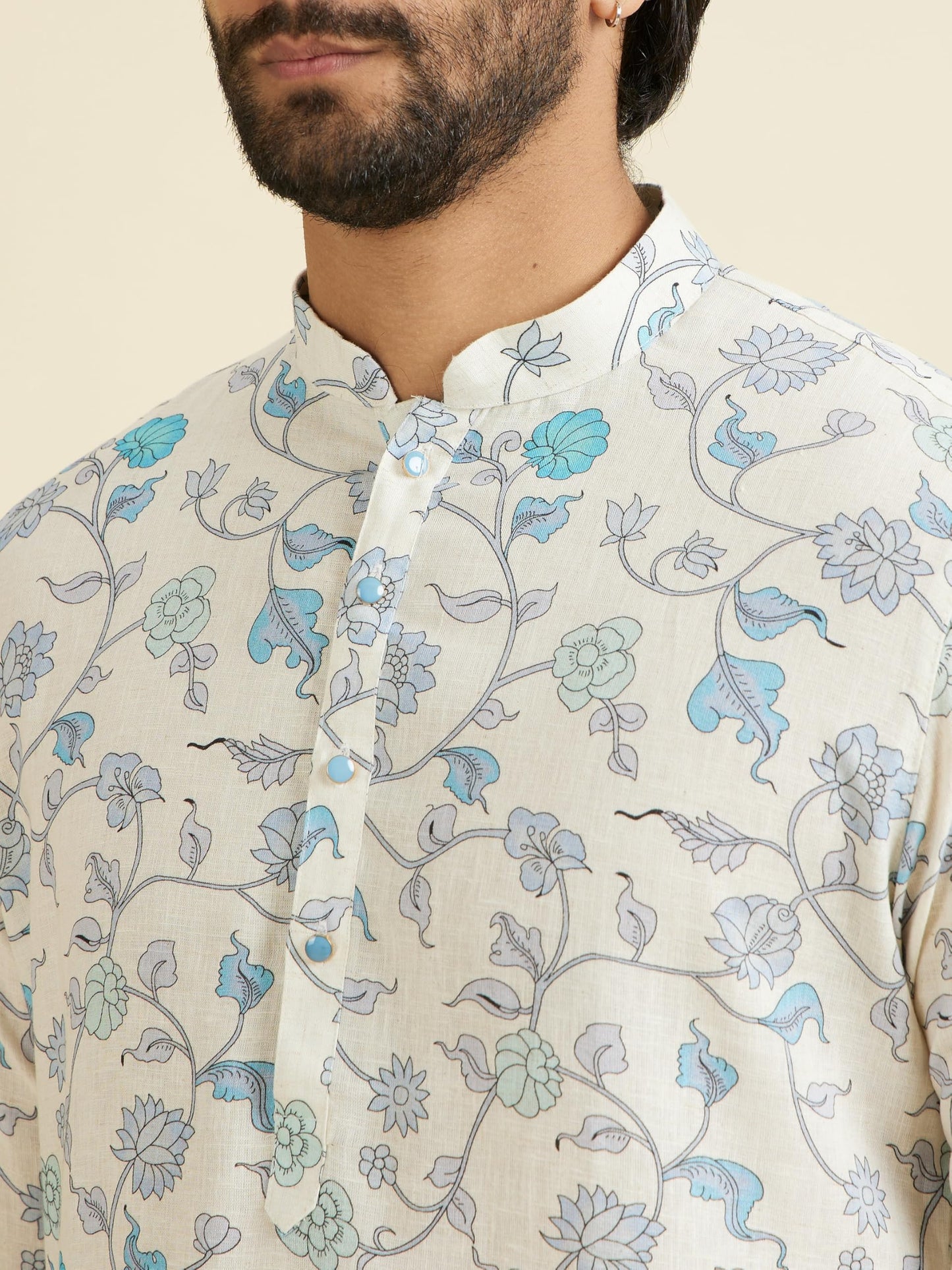 Manyavar Men's Linen Blend Floral Print Kurta(Aqua Green,XXL)