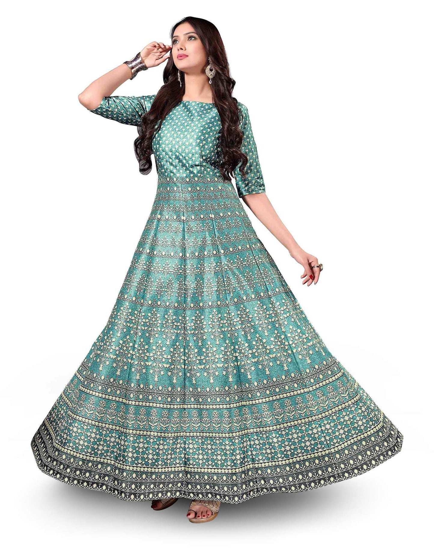 Zeel Clothing Silk A-line Long Printed Green Gown For Women's (Medium)